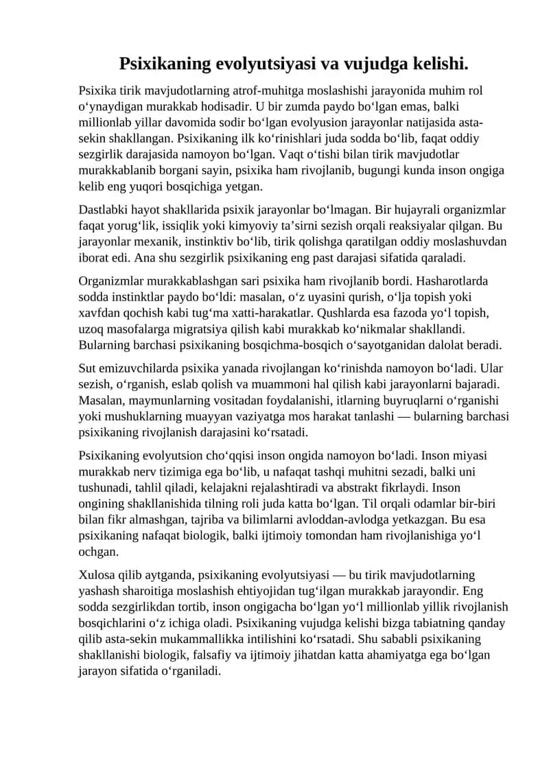 Psixikaning evolyutsiyasi va vujudga kelishi