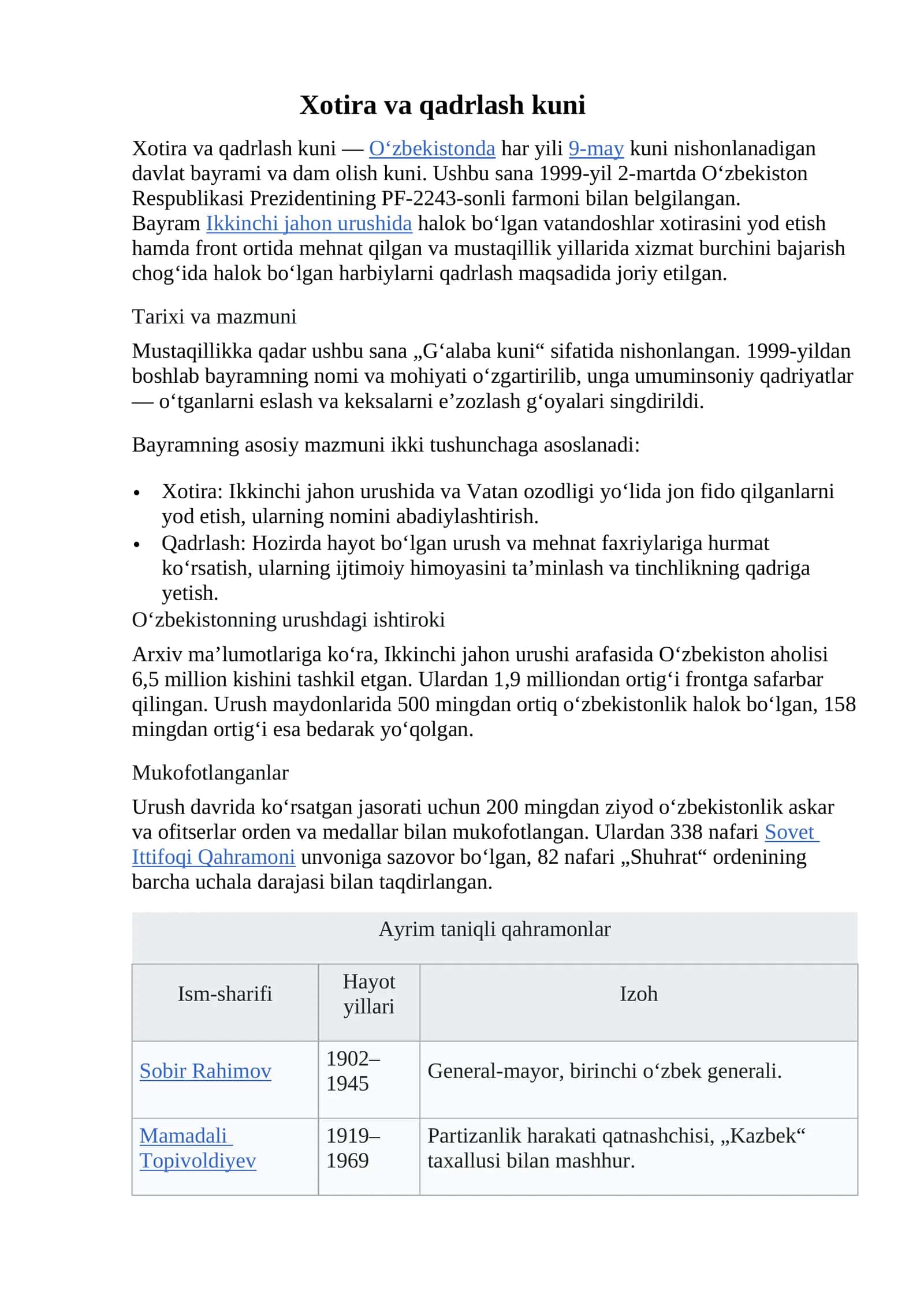 Xotira va qadrlash kuni