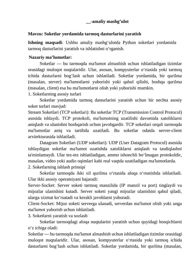 Soketlar yordamida tarmoq dasturlarini yaratish