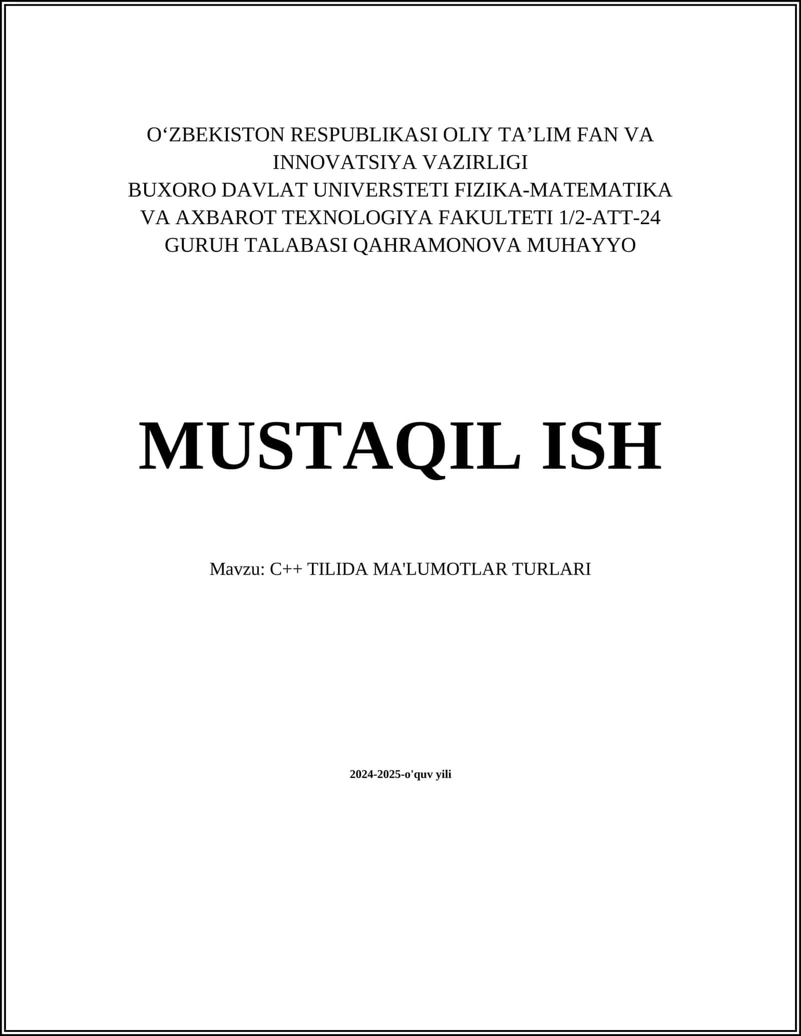 C++ TILIDA MA'LUMOTLAR TURLARI