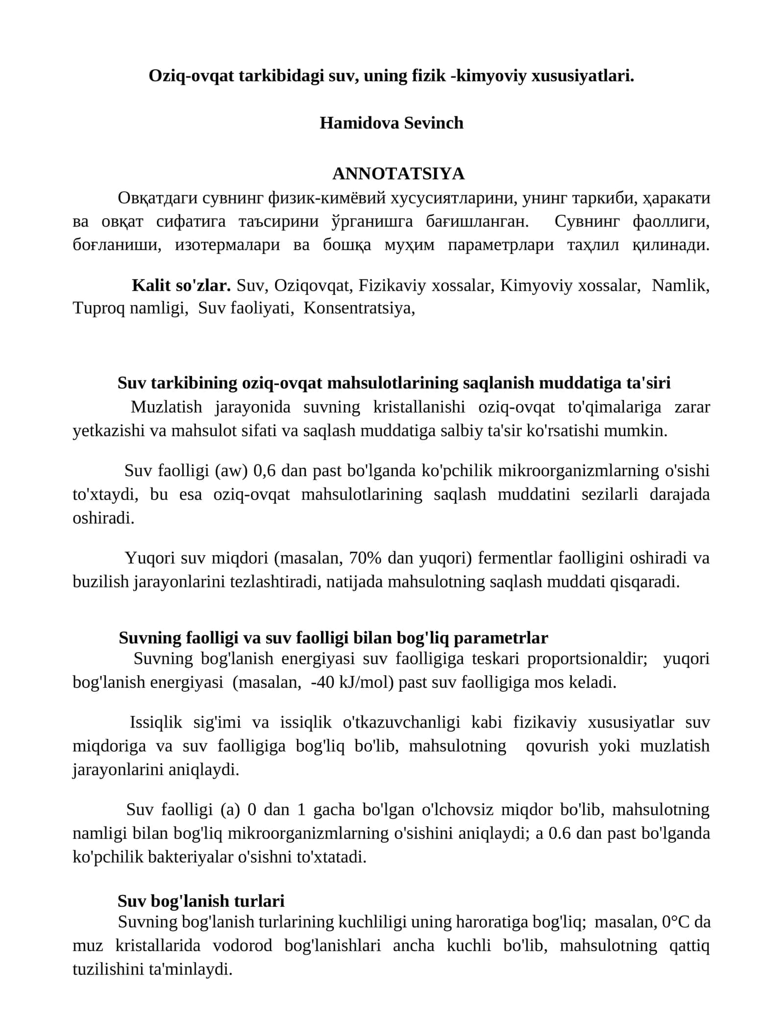 Suvning fizik-kimyoviy xususiyatlari