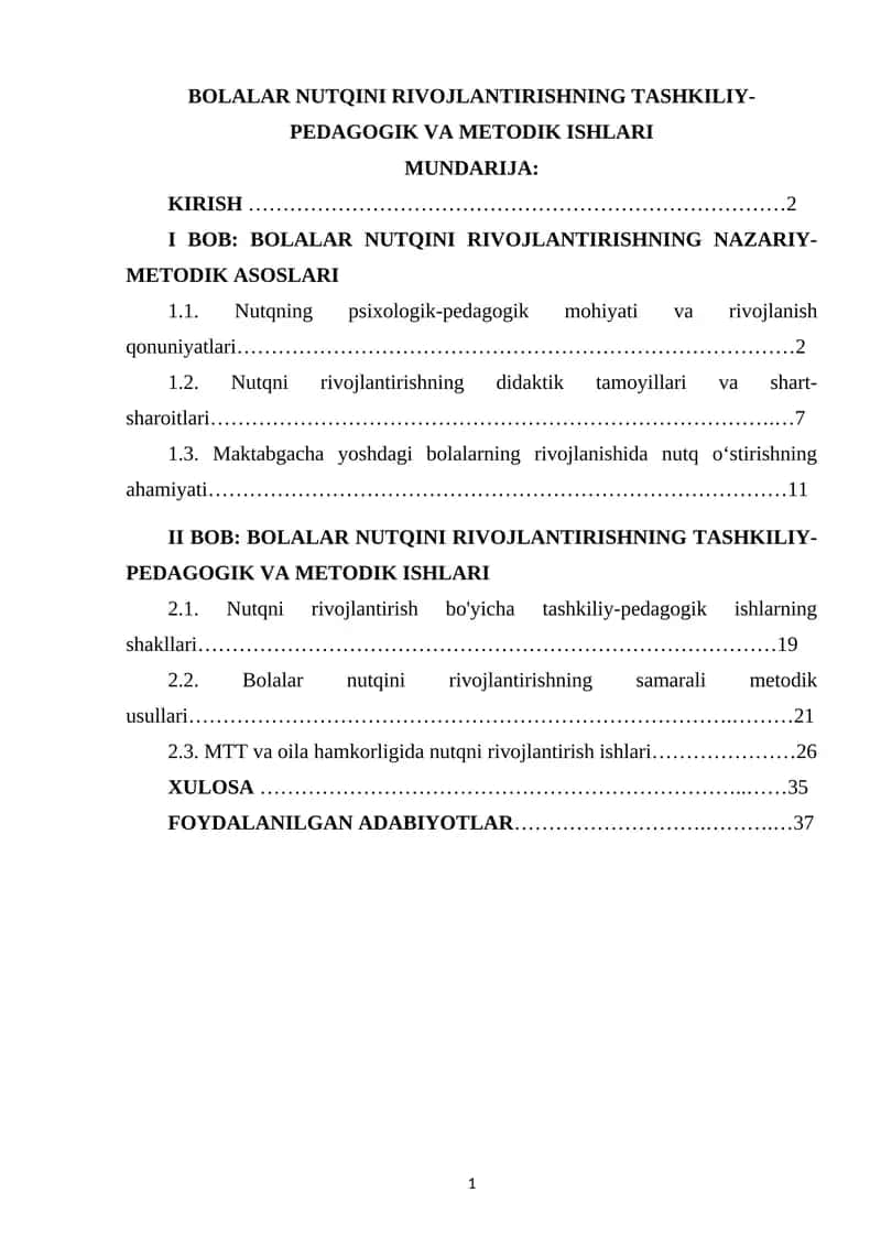 BOLALAR NUTQINI RIVOJLANTIRISHNING TASHKILIY-PEDAGOGIK VA METODIK ISHLARI