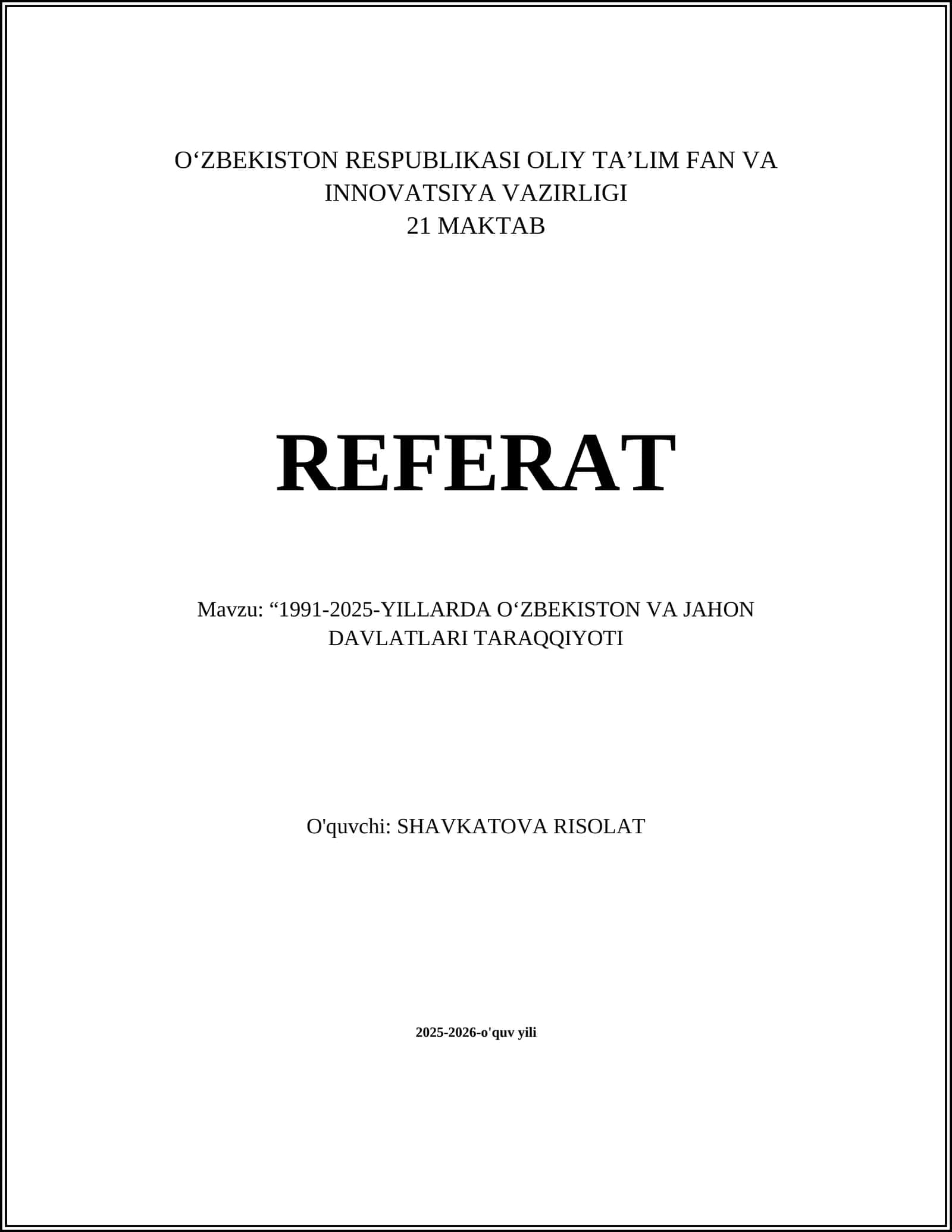"1991-2025-YILLARDA O'ZBEKISTON VA JAHON DAVLATLARI TARAQQIYOTI"