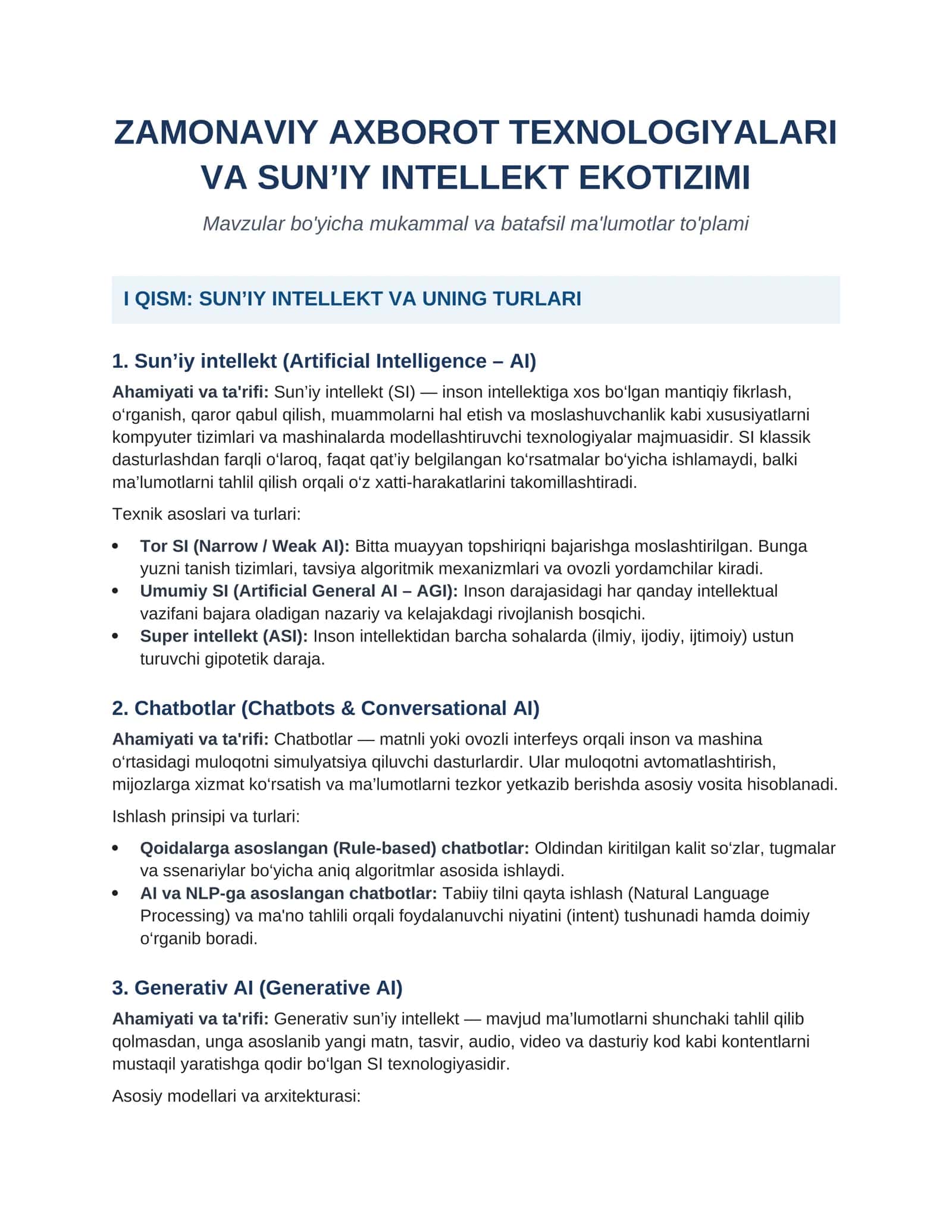 ZAMONAVIY AXBOROT TEXNOLOGIYALARI VA SUN’IY INTELLEKT EKOTIZIMI
