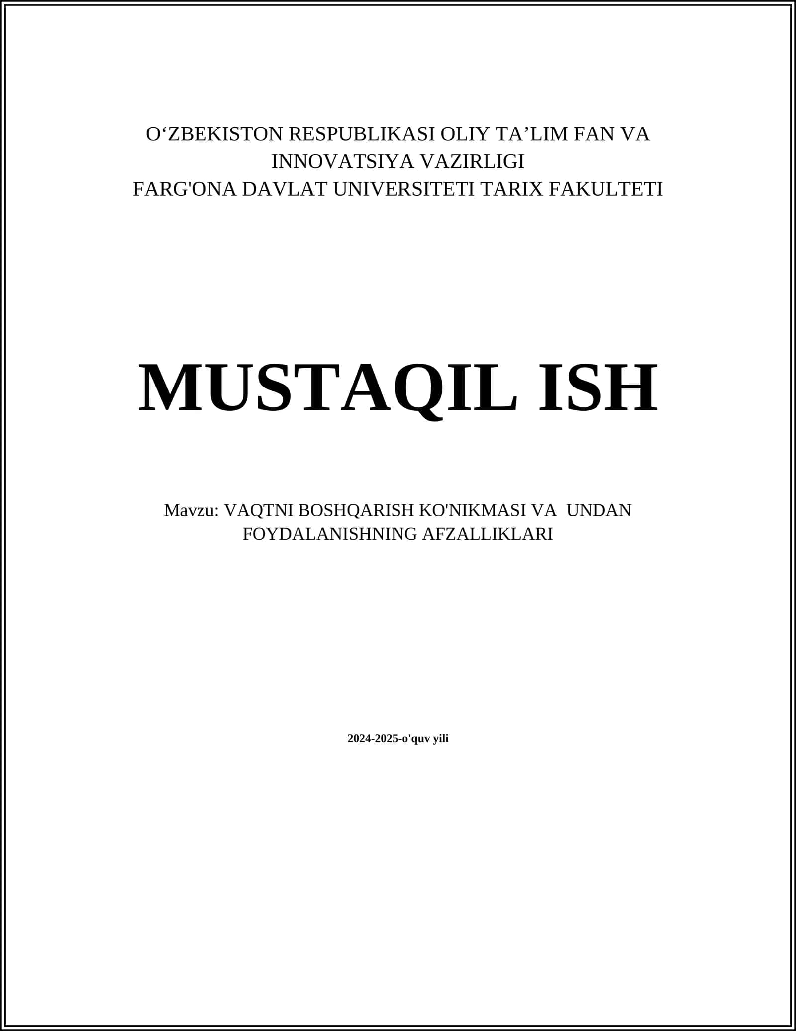 VAQTNI BOSHQARISH KO'NIKMASI VA UNDAN FOYDALANISHNING AFZALLIKLARI