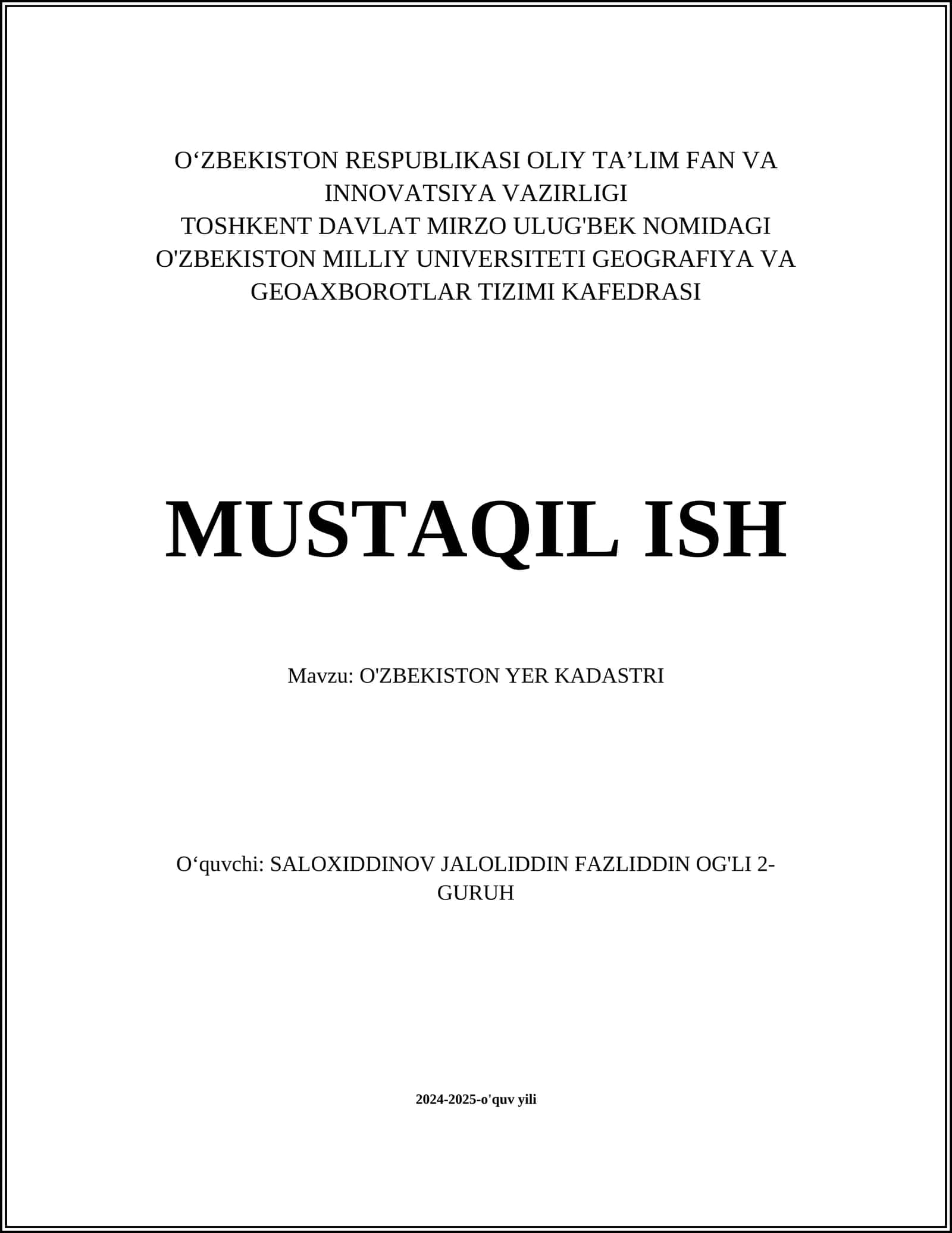 O'ZBEKISTON YER KADASTRI