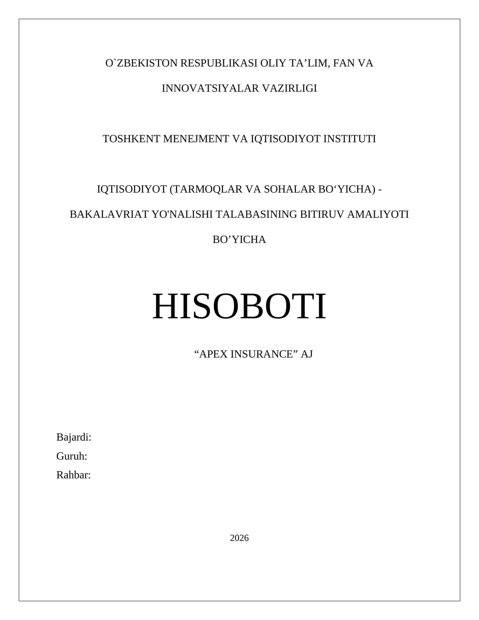 SUGʻURTA xizmatlarini koʻrsatuvchi AJ boʻyicha tayyorlangan Amaliyot hisoboti.