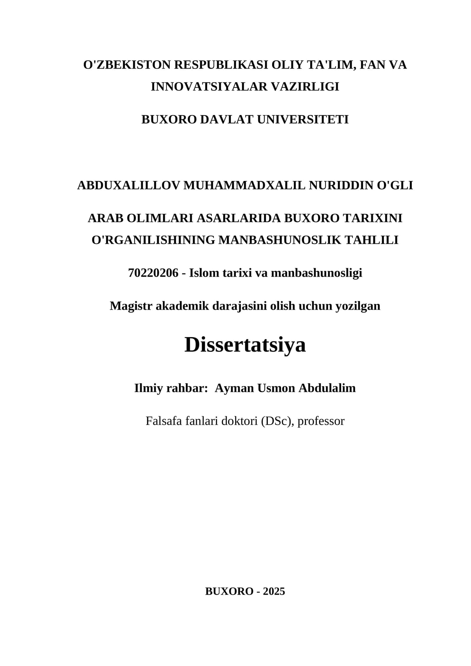 Arab Olimlari Asarlariida Buxoro Tarixini O'rganilishining Manbashunoslik Tahlili