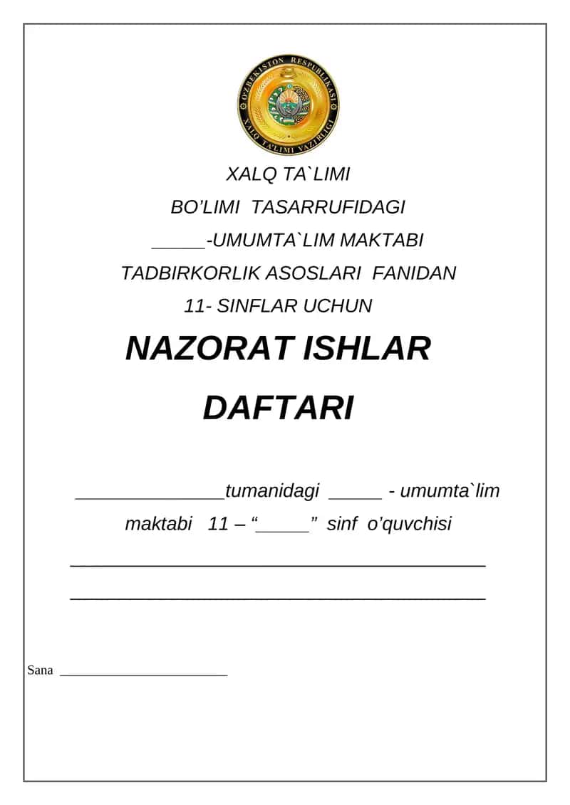 Tadbirkorlik asoslari fanidan 11-sinflar uchun nazorat ishlar daftari