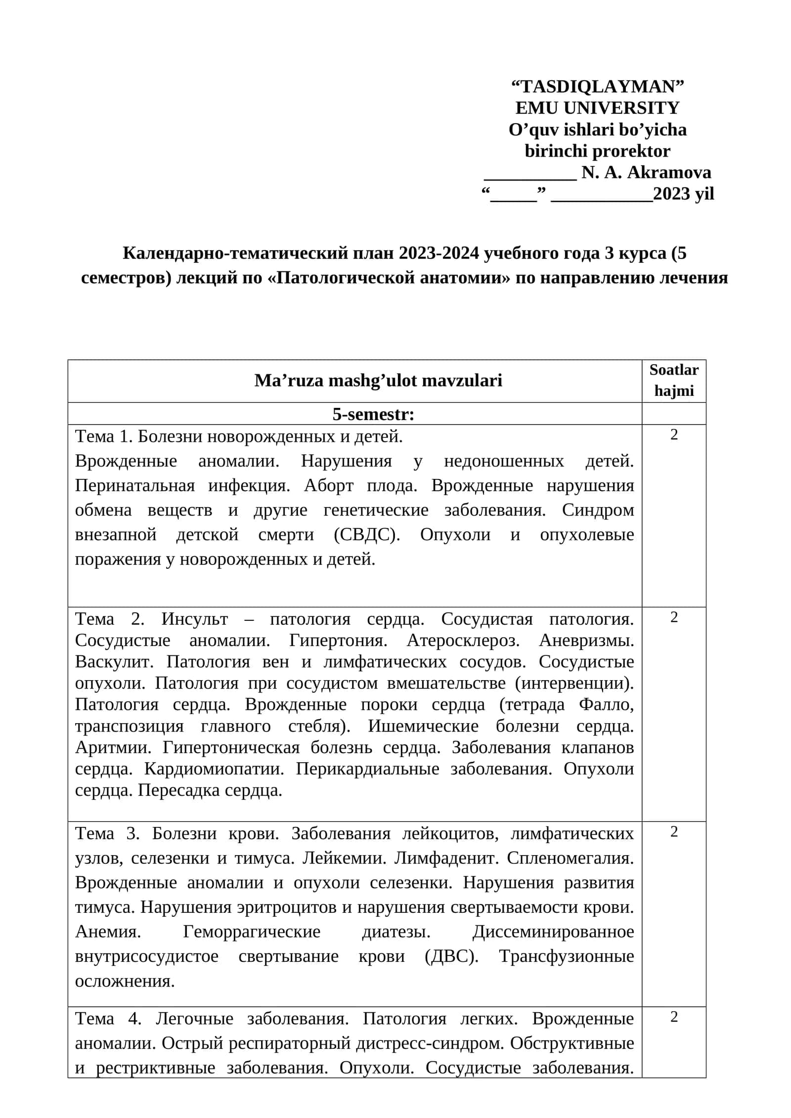 Календарно-тематический план 2023-2024 учебного года 3 курса (5 семестров) лекций по «Патологической анатомии»