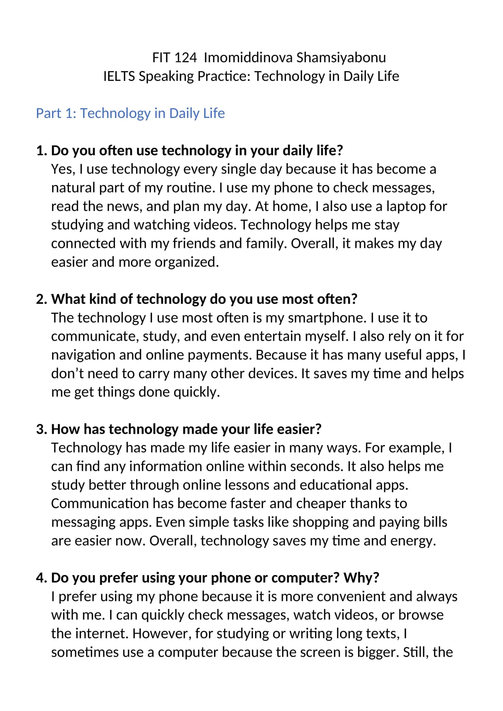 IELTS Speaking Practice: Technology in Daily Life