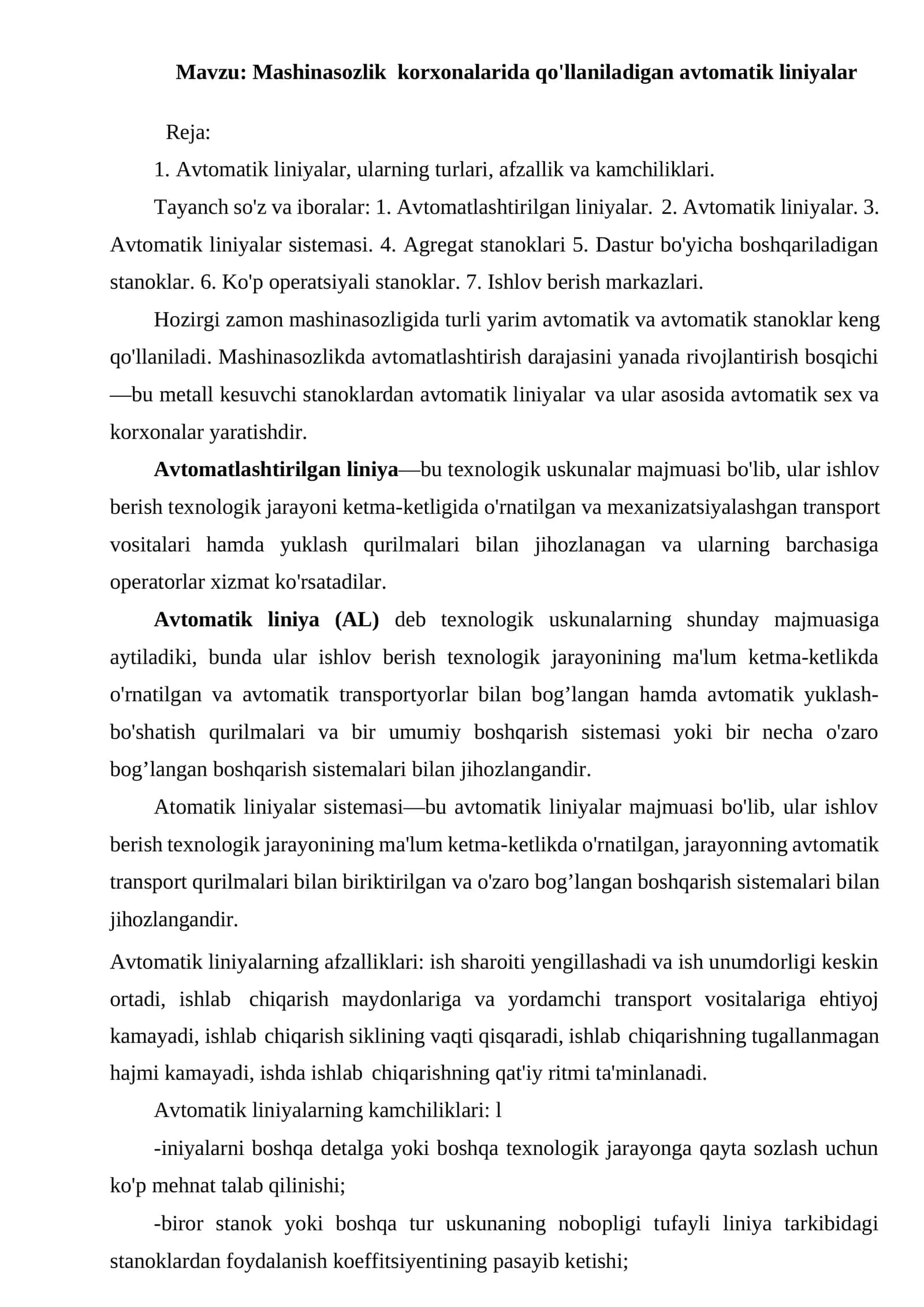 Mashinasozlik korxonalarida qo'llaniladigan avtomatik liniyalar