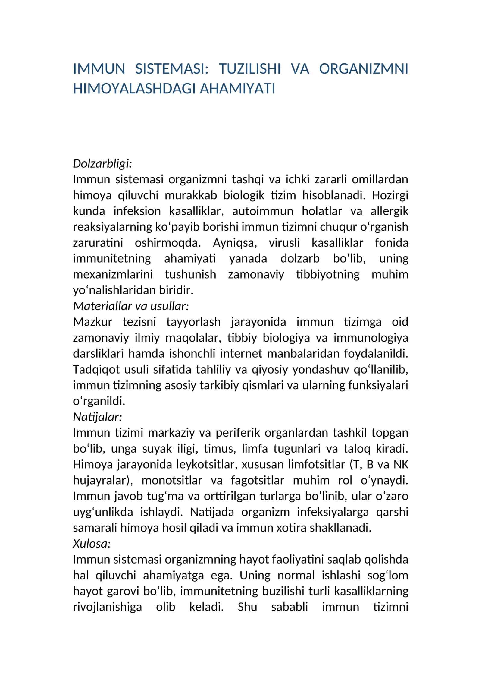 IMМUN SISTEMASI: TUZILISHI VA ORGANIZMNI HIMOYALASHDAGI AHAMIYATI