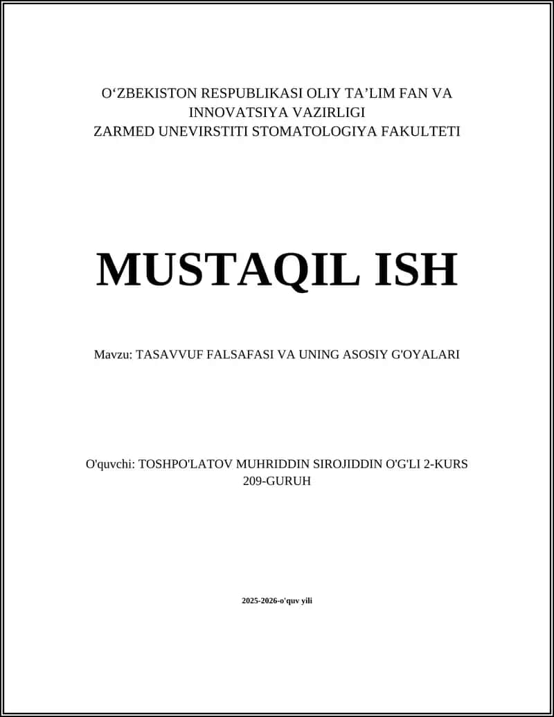 TASAVVUF FALSAFASI VA UNING ASOSIY G'OYALARI