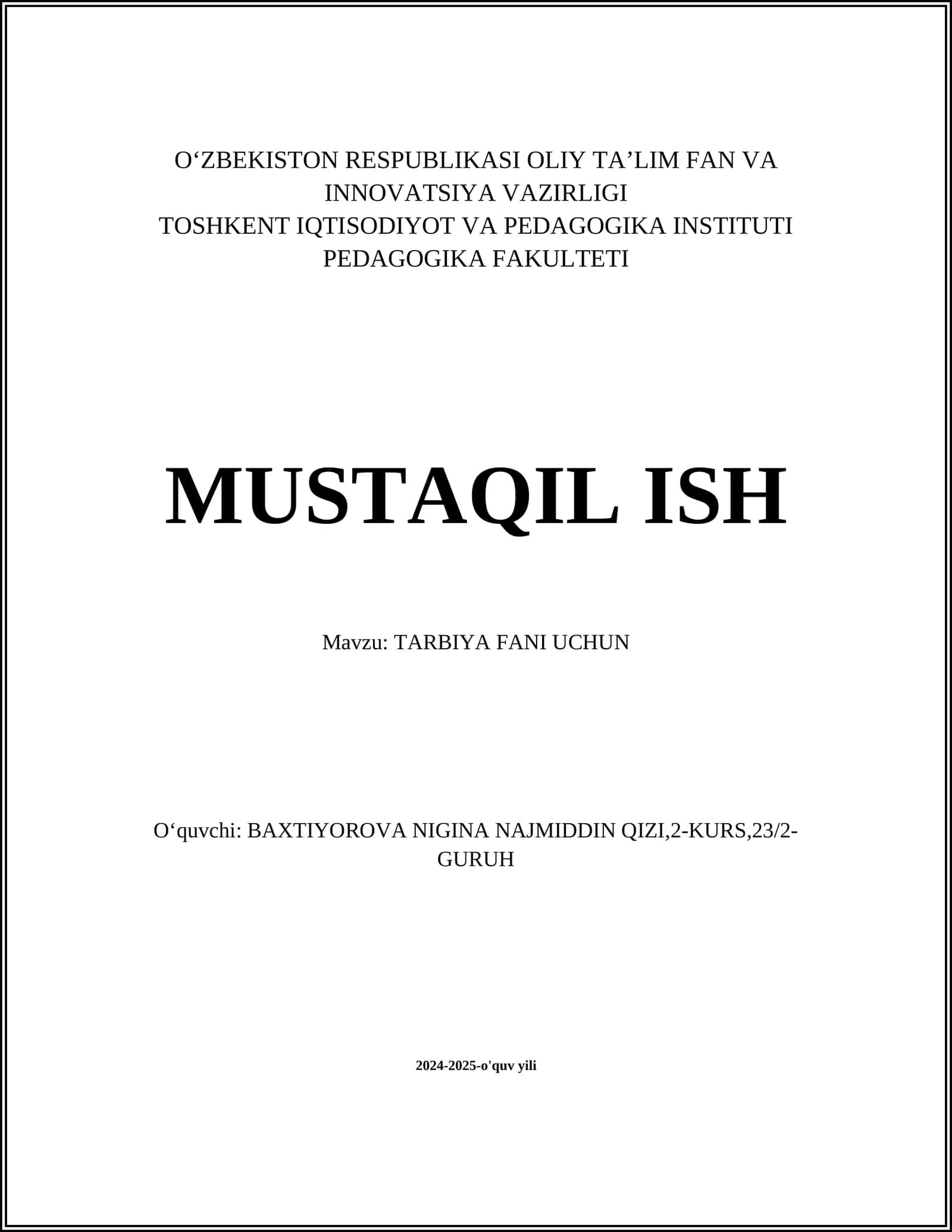 TARBIYA FANI UCHUN