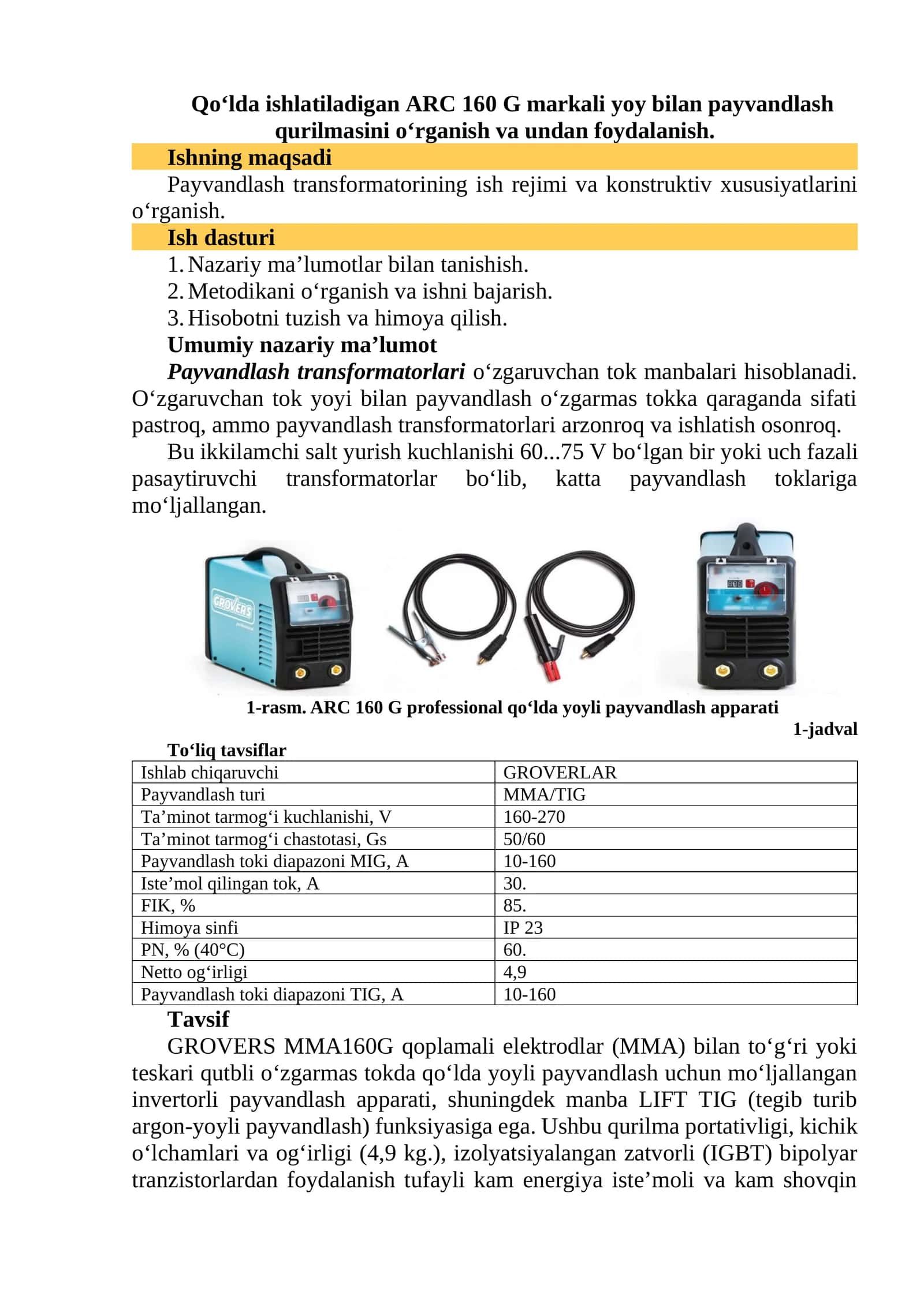 ARC 160 G markali yoy bilan payvandlash qurilmasi