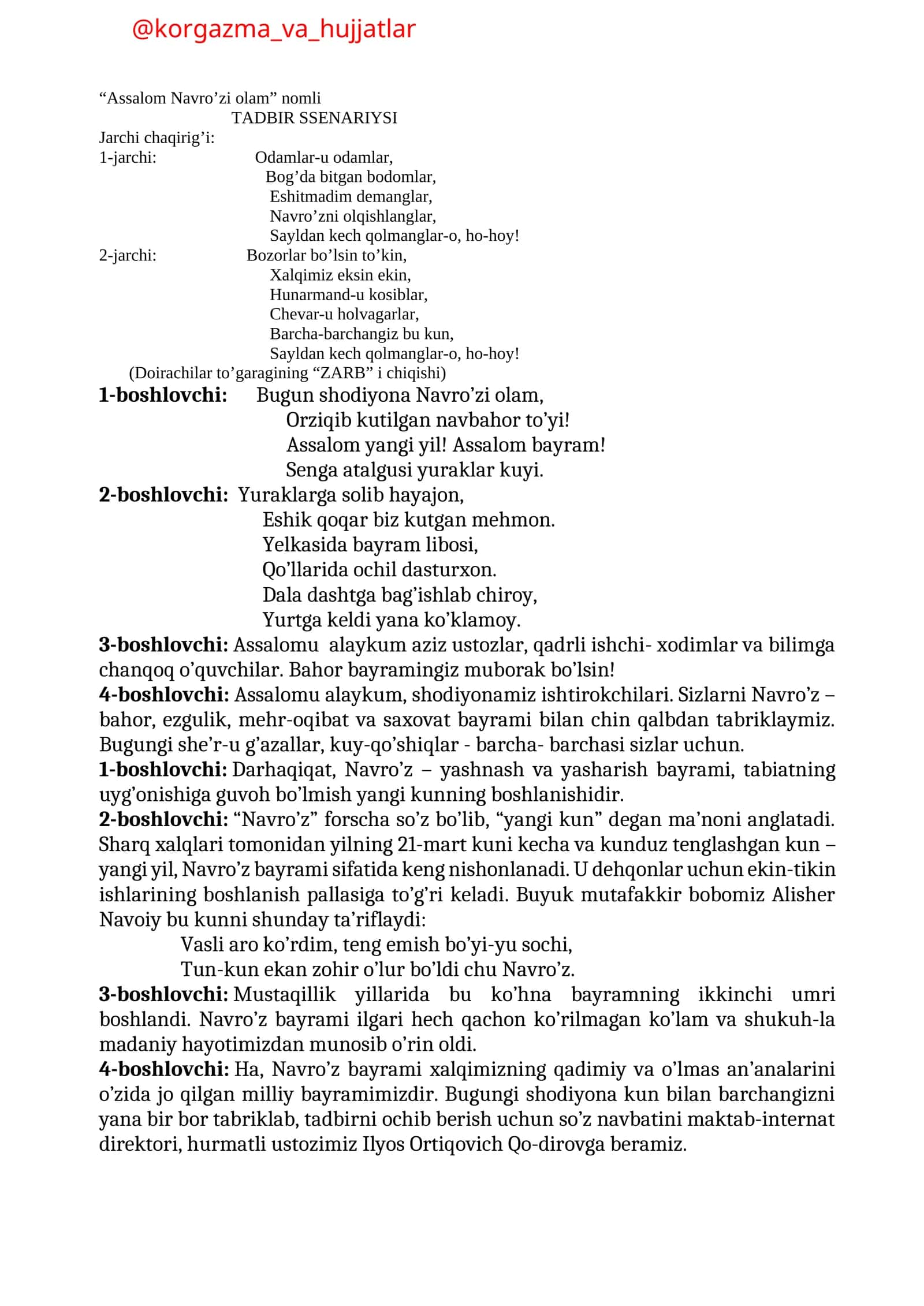 Assalom Navro’zi olam TADBIR SSENARIYSI