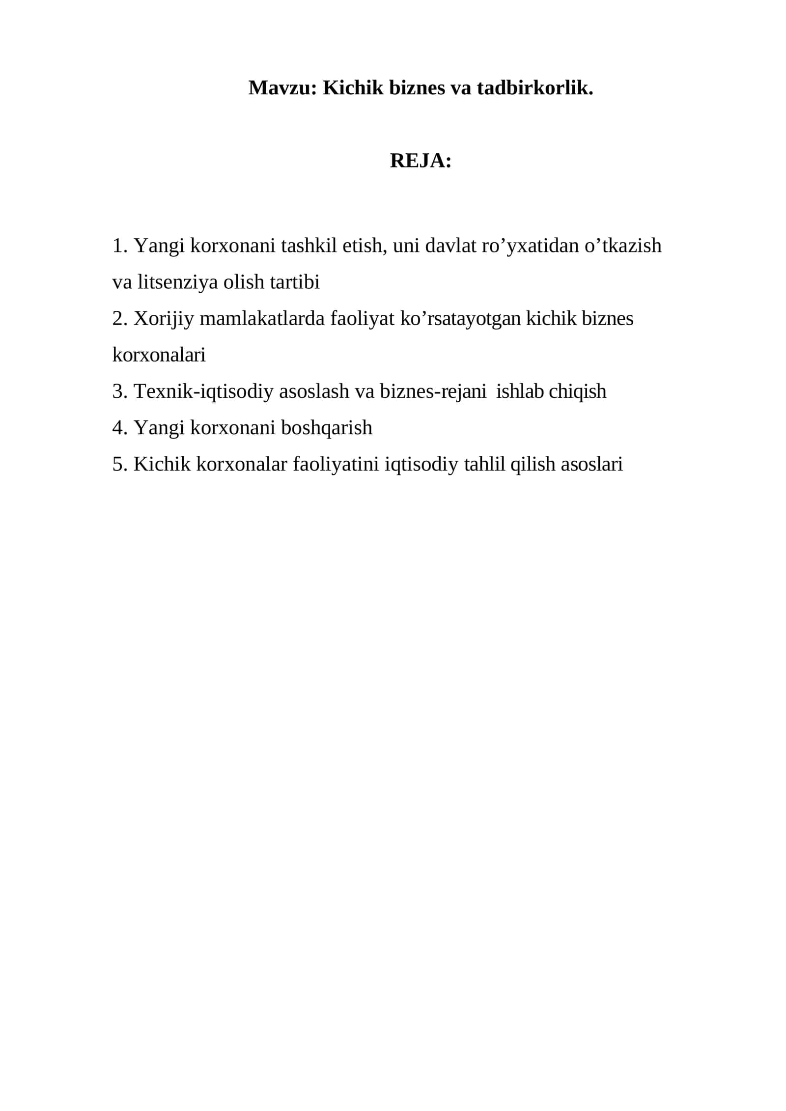 Kichik biznes va tadbirkorlik