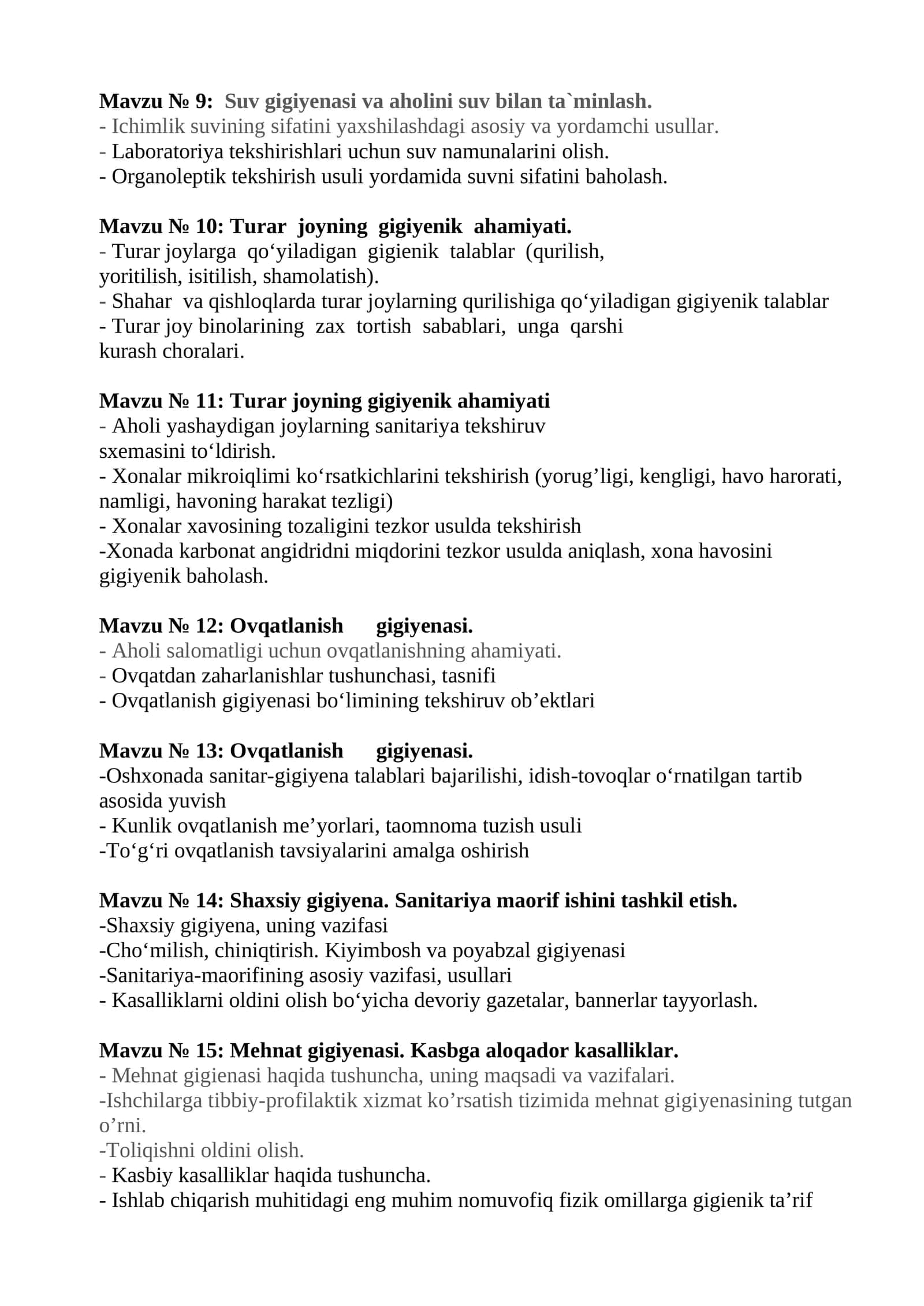 Mavzu № 9: Suv gigiyenasi va aholini suv bilan ta`minlash