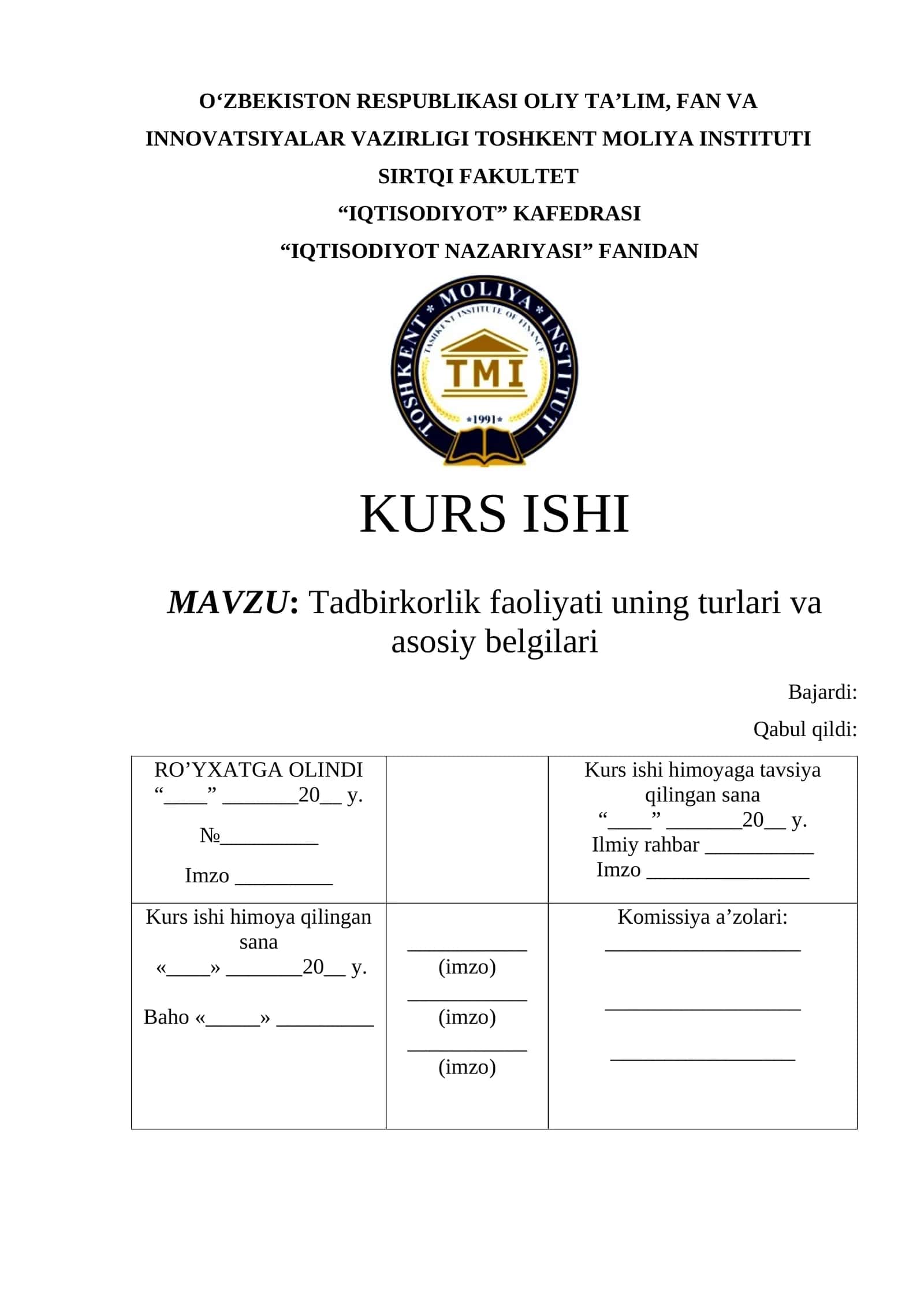 Tadbirkorlik faoliyati uning turlari va asosiy belgilari
