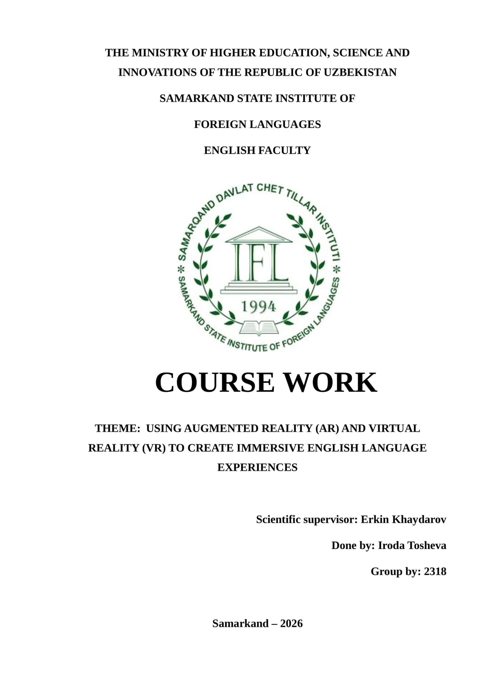 Course Work on Using Augmented Reality and Virtual Reality in English Language