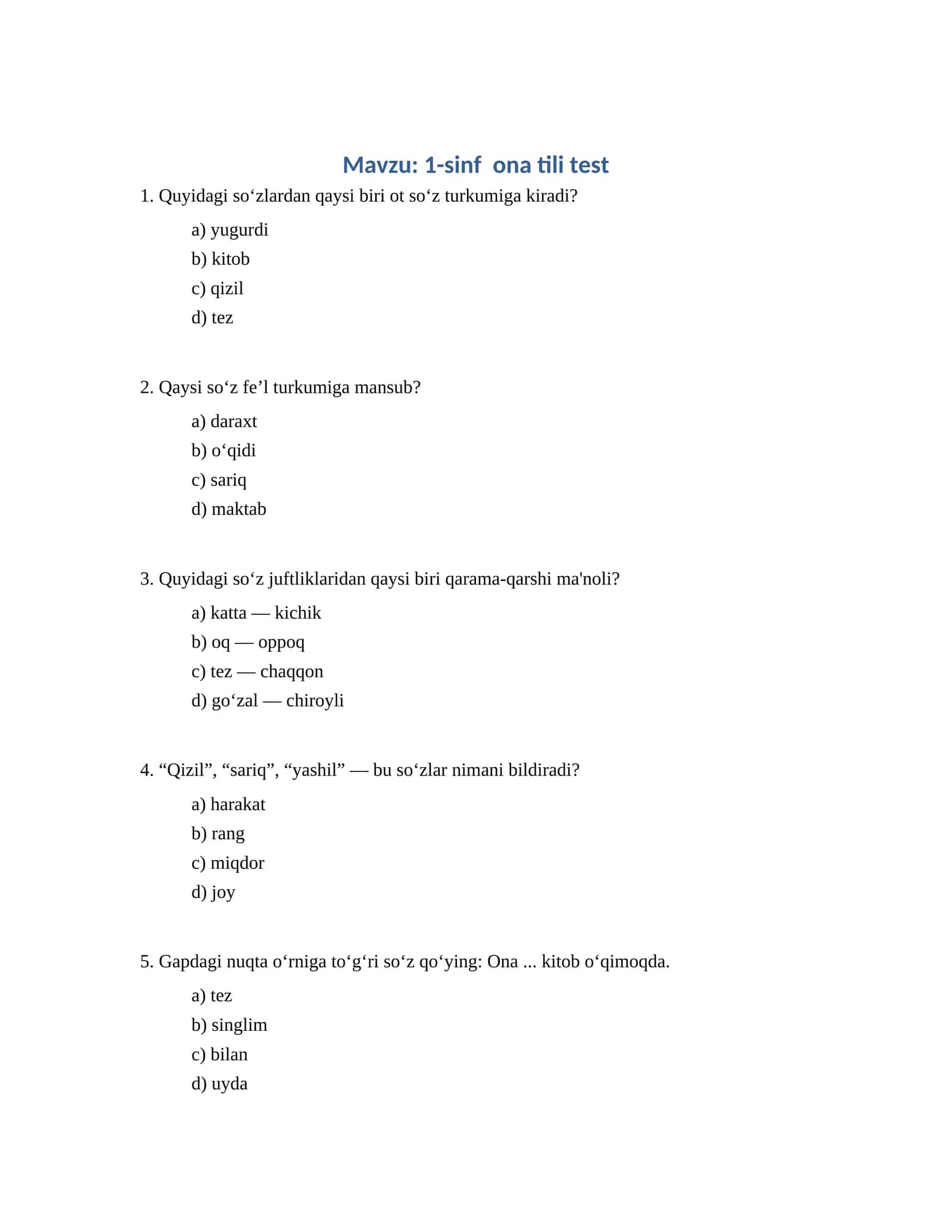 1-sinf ona tili test