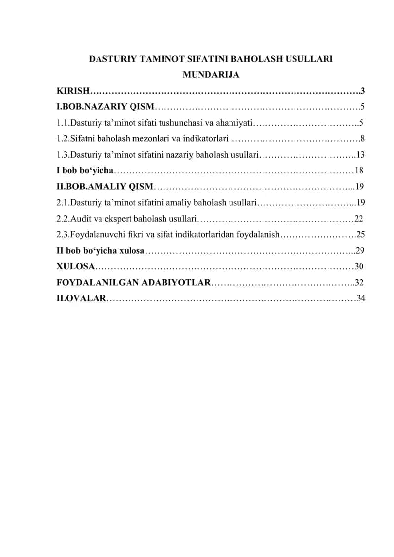 DASTURIY TAMINOT SIFATINI BAHOLASH USULLARI