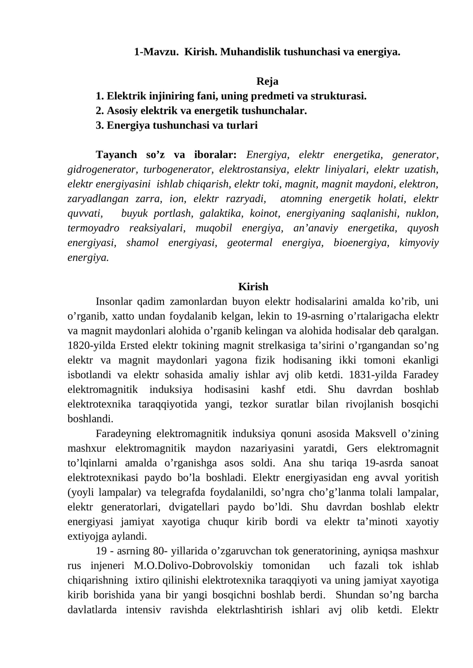 Kirish. Muhandislik tushunchasi va energiya
