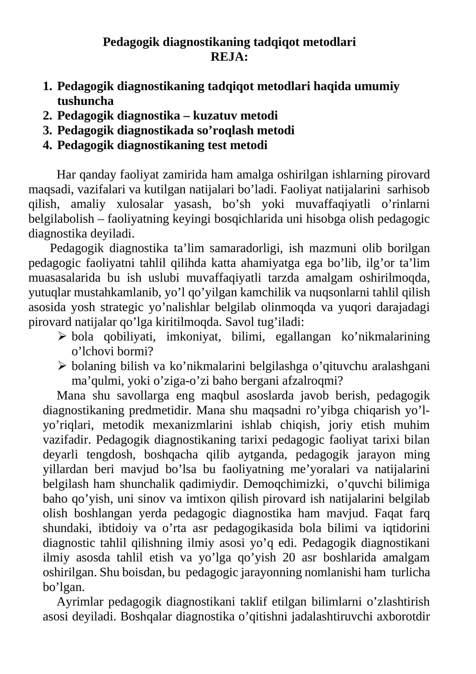 Pedagogik diagnostikaning tadqiqot metodlari