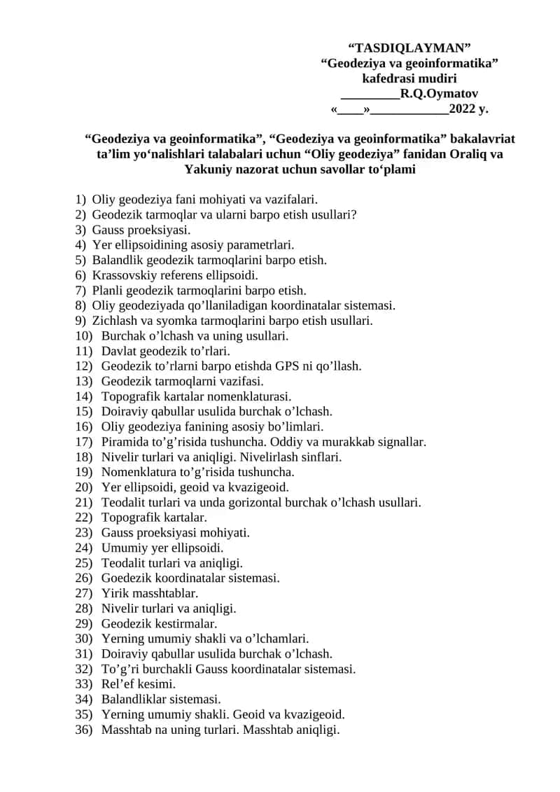 “Oliy geodeziya” fanidan Oraliq va Yakuniy nazorat uchun savollar to‘plami