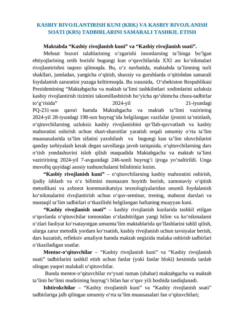 Kasbiy rivojlanish kuni (KRK) va Kasbiy rivojlanish soati (KRS) tadbirlari