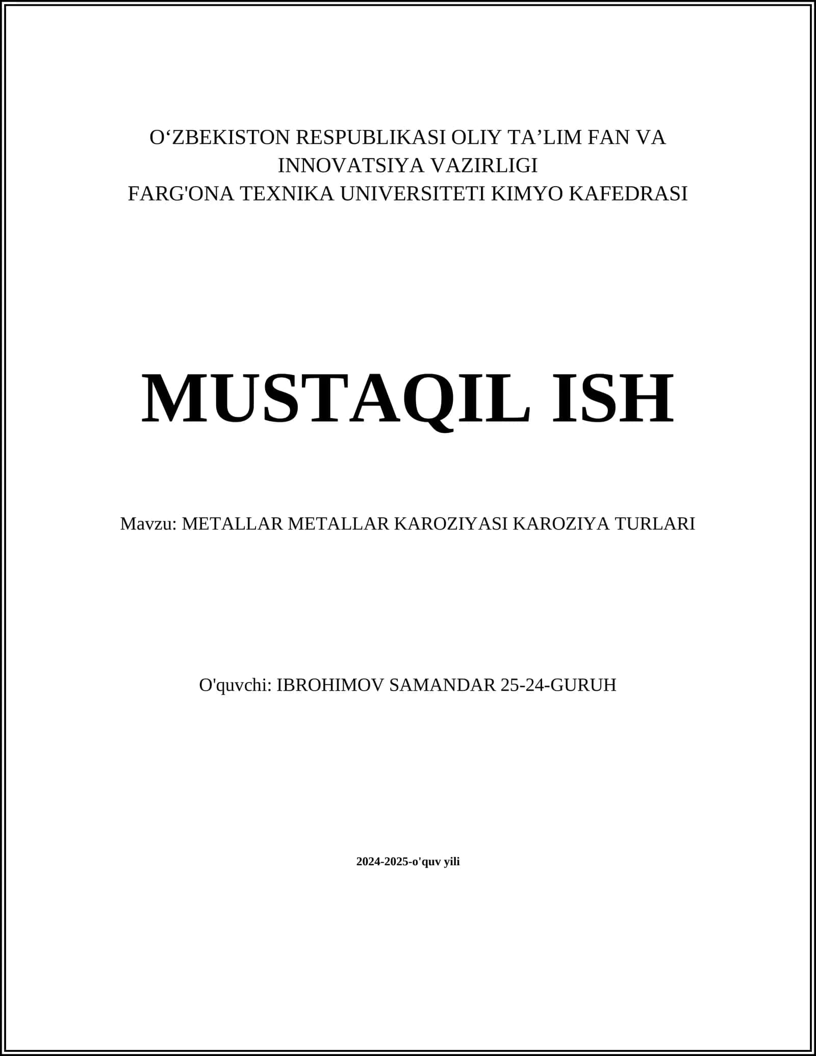 METALLAR METALLAR KAROZIYASI KAROZIYA TURLARI