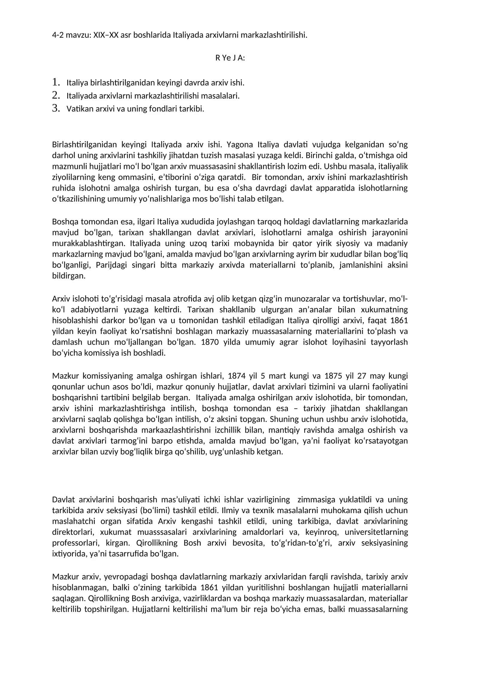 XIX–XX asr boshlarida Italiyada arxivlarni markazlashtirilishi