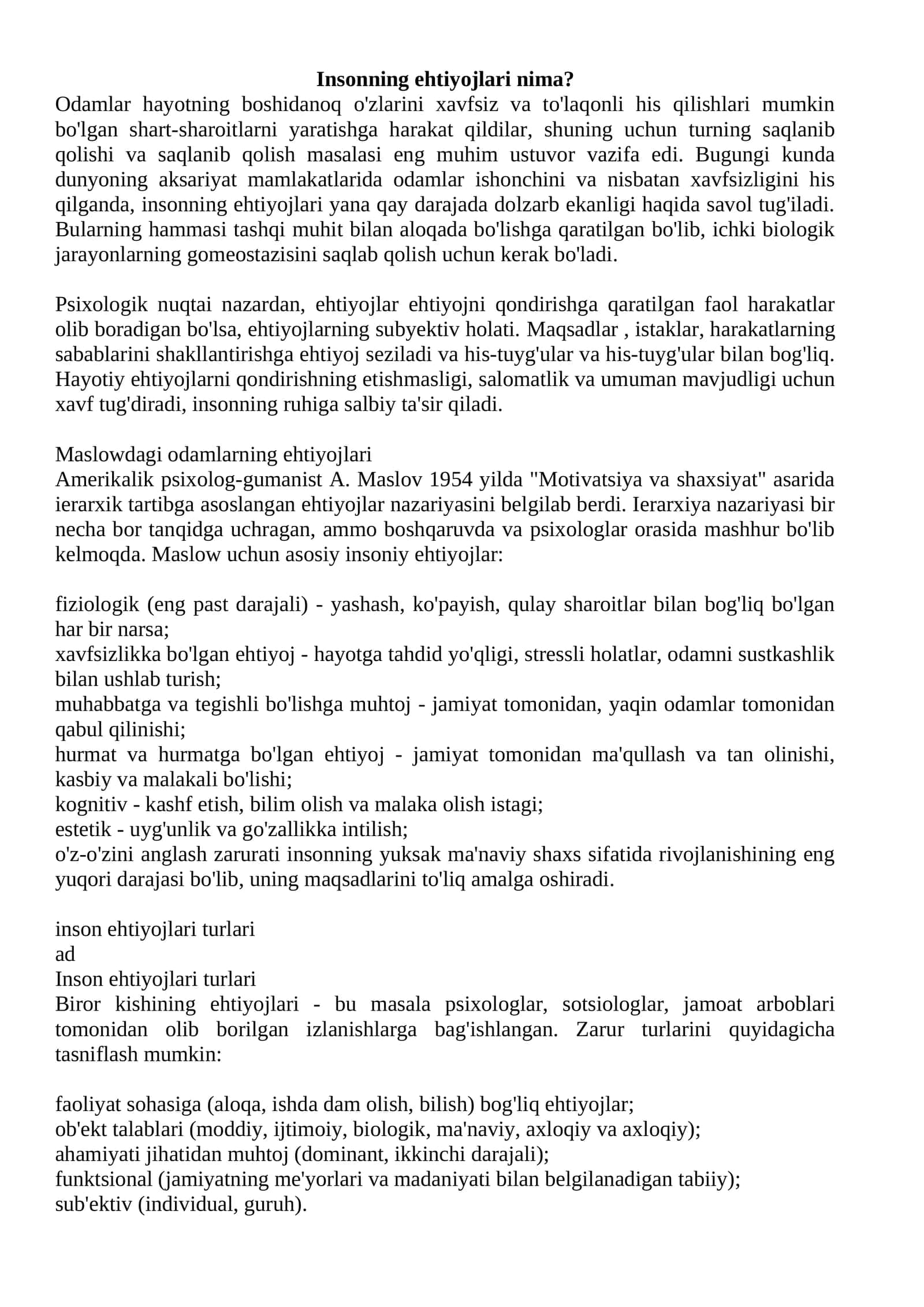 Maslowdagi odamlarning ehtiyojlari