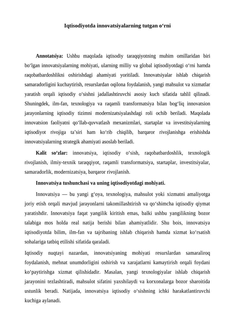 Iqtisodiyotda innovatsiyalarning tutgan oʻrni