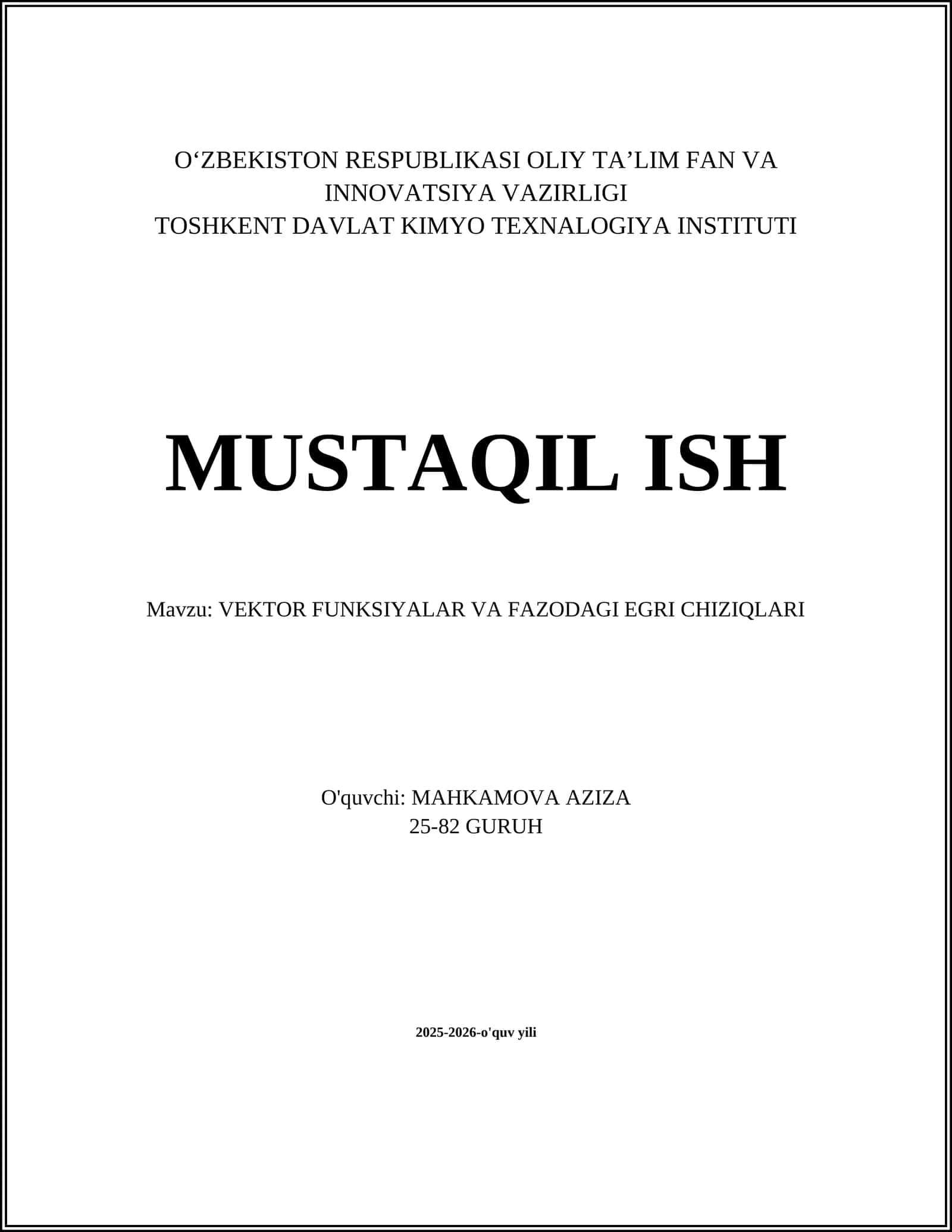 VEKTOR FUNKSIYALAR VA FAZODAGI EGRI CHIZIQLARI