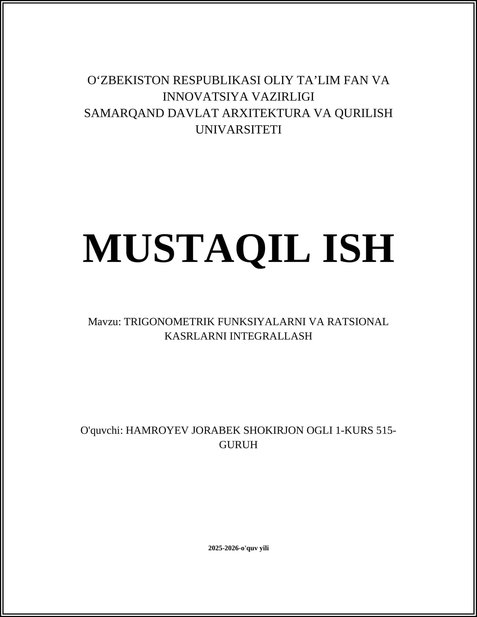 TRIGONOMETRIK FUNKSIYALARNI VA RATSIONAL KASRLARNI INTEGRALLASH