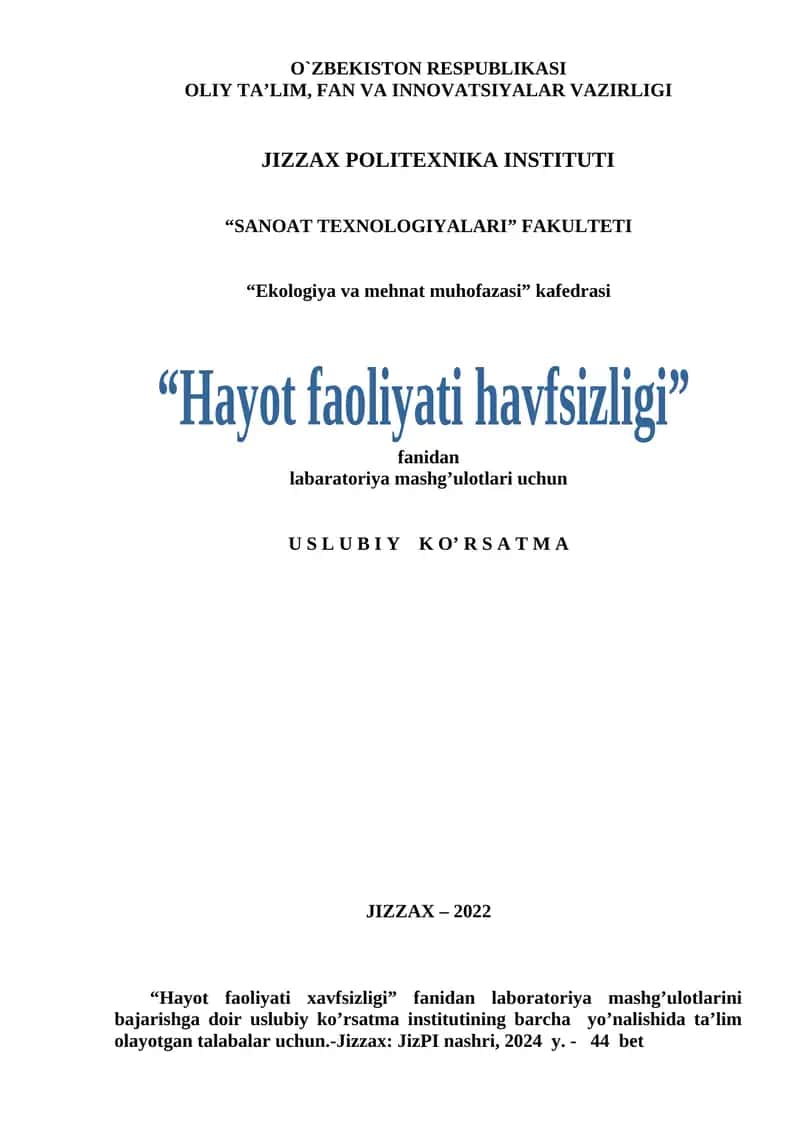 "Hayot faoliyati xavfsizligi" fanidan laboratoriya mashg’ulotlarini bajarishga doir uslubiy ko’rsatma