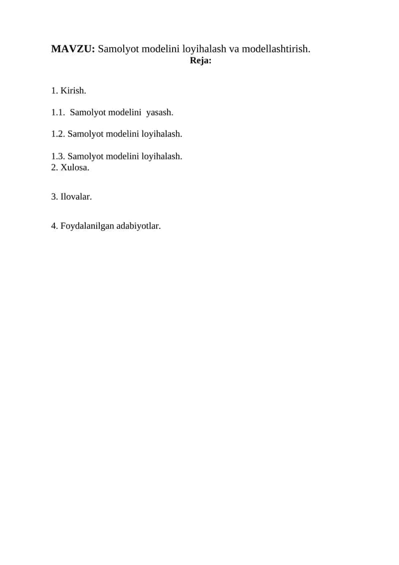 Samolyot modelini loyihalash va modellashtirish