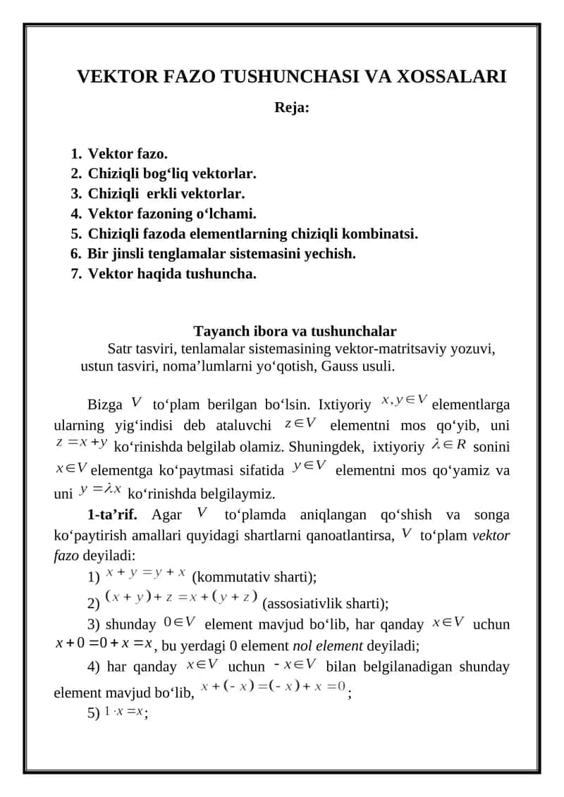 VEKTOR FAZO TUSHUNCHASI VA XOSSALARI