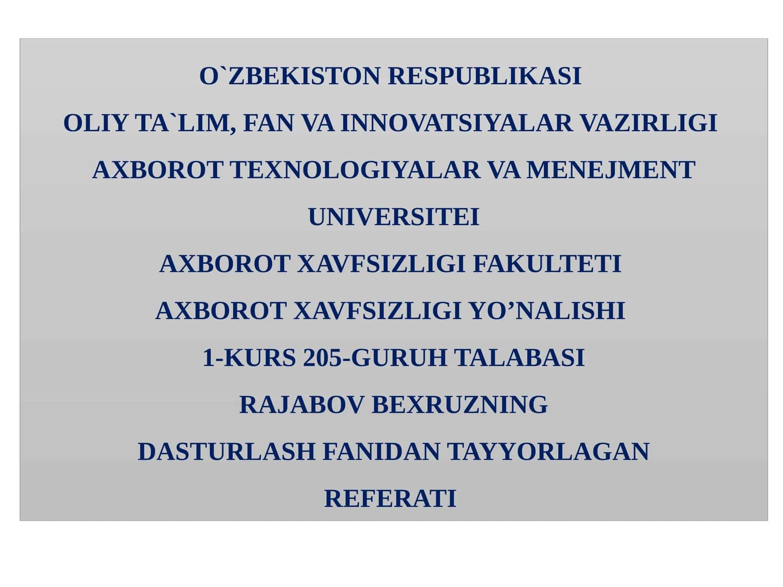 C++ DASTURLASH TILIDA TAKRORLANUVCHI JARAYONLARNIDASTURLASH