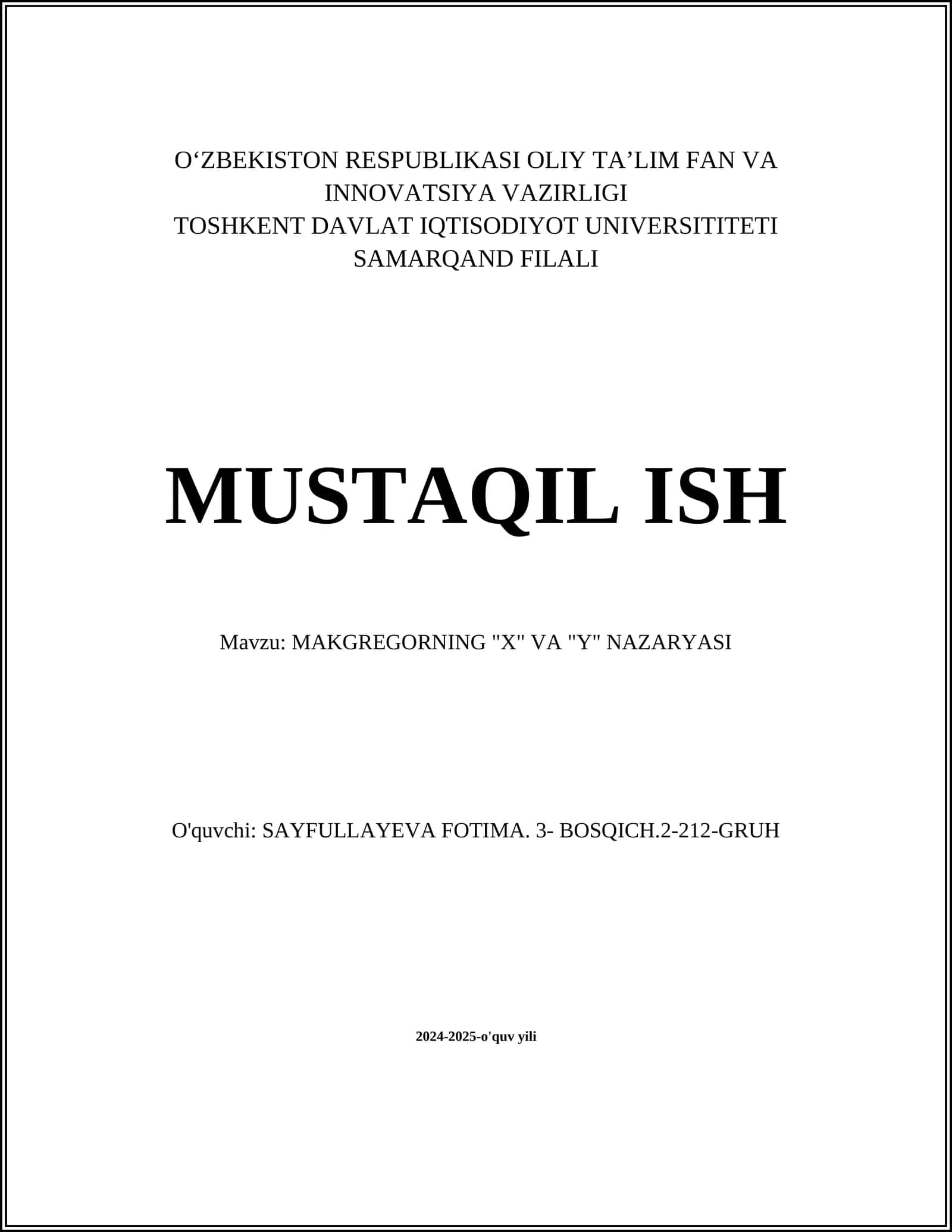 MAKGREGORNING "X" VA "Y" NAZARYASI