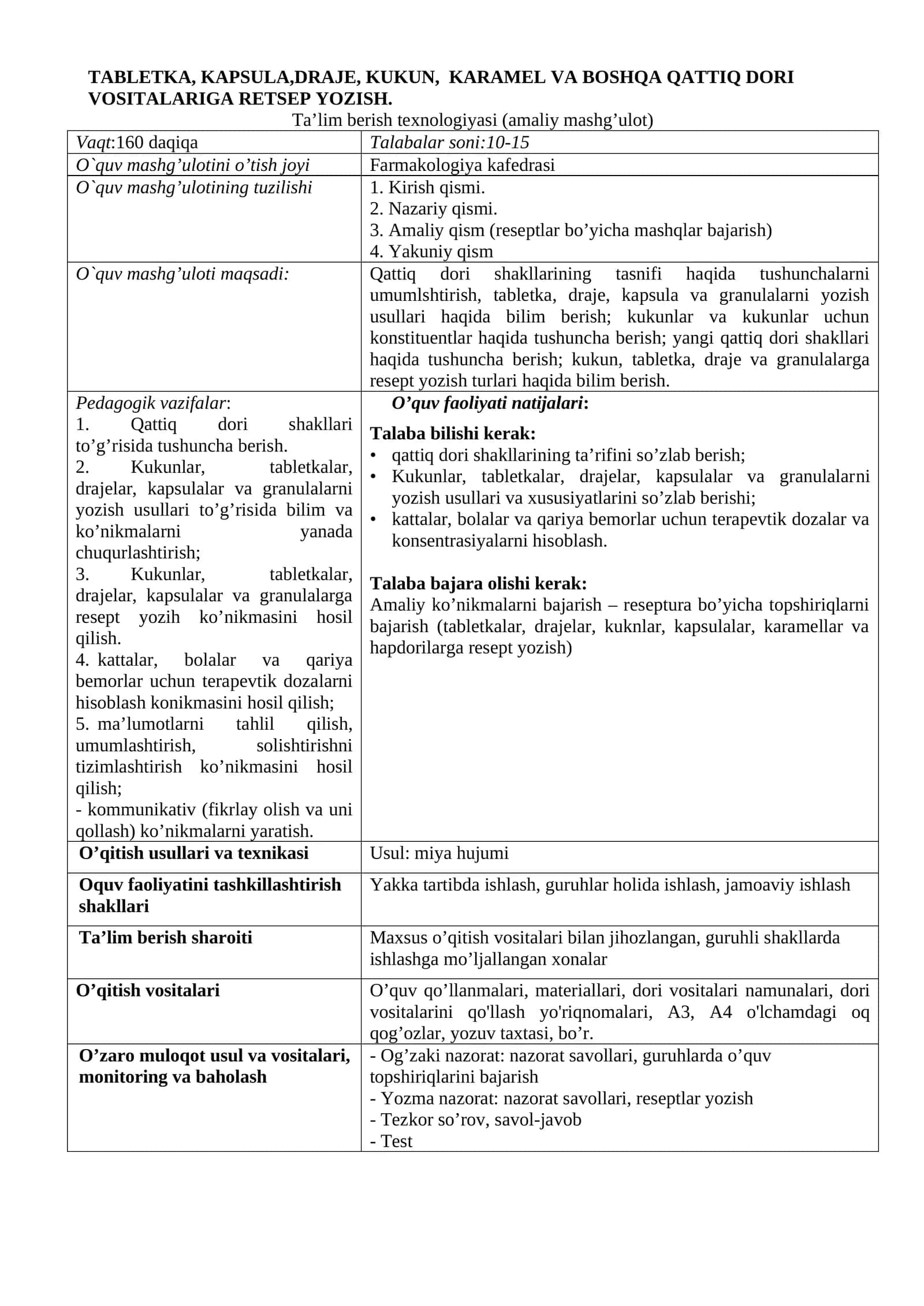 TABLETKA, KAPSULA,DRAJE, KUKUN, KARAMEL VA BOSHQA QATTIQ DORI VOSITALARIGA RETSEP YOZISH
