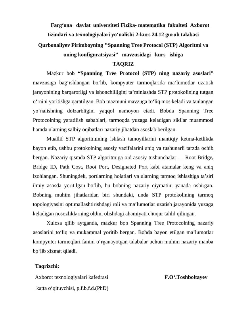 Spanning Tree Protocol (STP) Algoritmi va uning konfiguratsiyasi