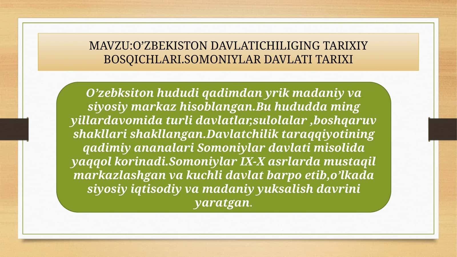 O‘zbekiston davlatchiligining tarixiy bosqichlari. Somoniylar davlati tarixi (14 slaydli prezentatsi