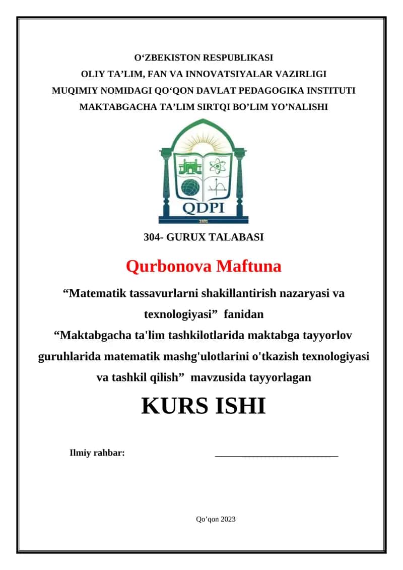 Maktabgacha ta'lim tashkilotlarida maktabga tayyorlov guruhlarida matematik mashg'ulotlarini o'tkazish texnologiyasi va tashkil qilish