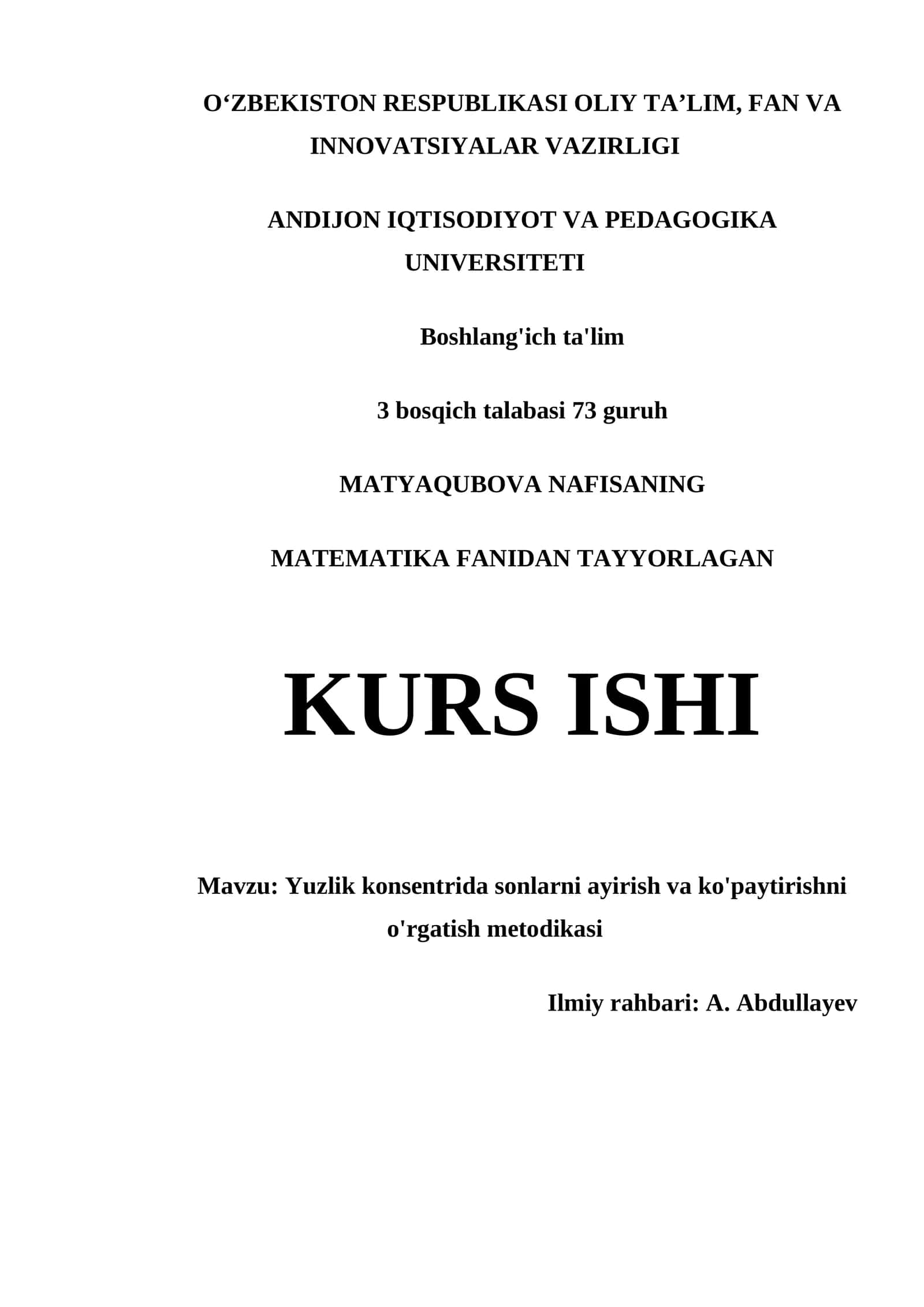 YUZLIK KONSENTRIDA SONLARNI AYIRISH VA KO'PAYTIRISHNI O'RGATISH METODIKASI