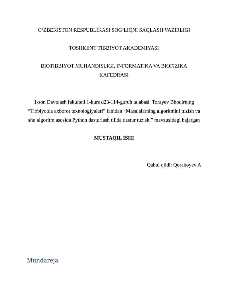 "Masalalarning algoritmini tuzish va shu algoritm asosida Python dasturlash tilida dastur tuzish."