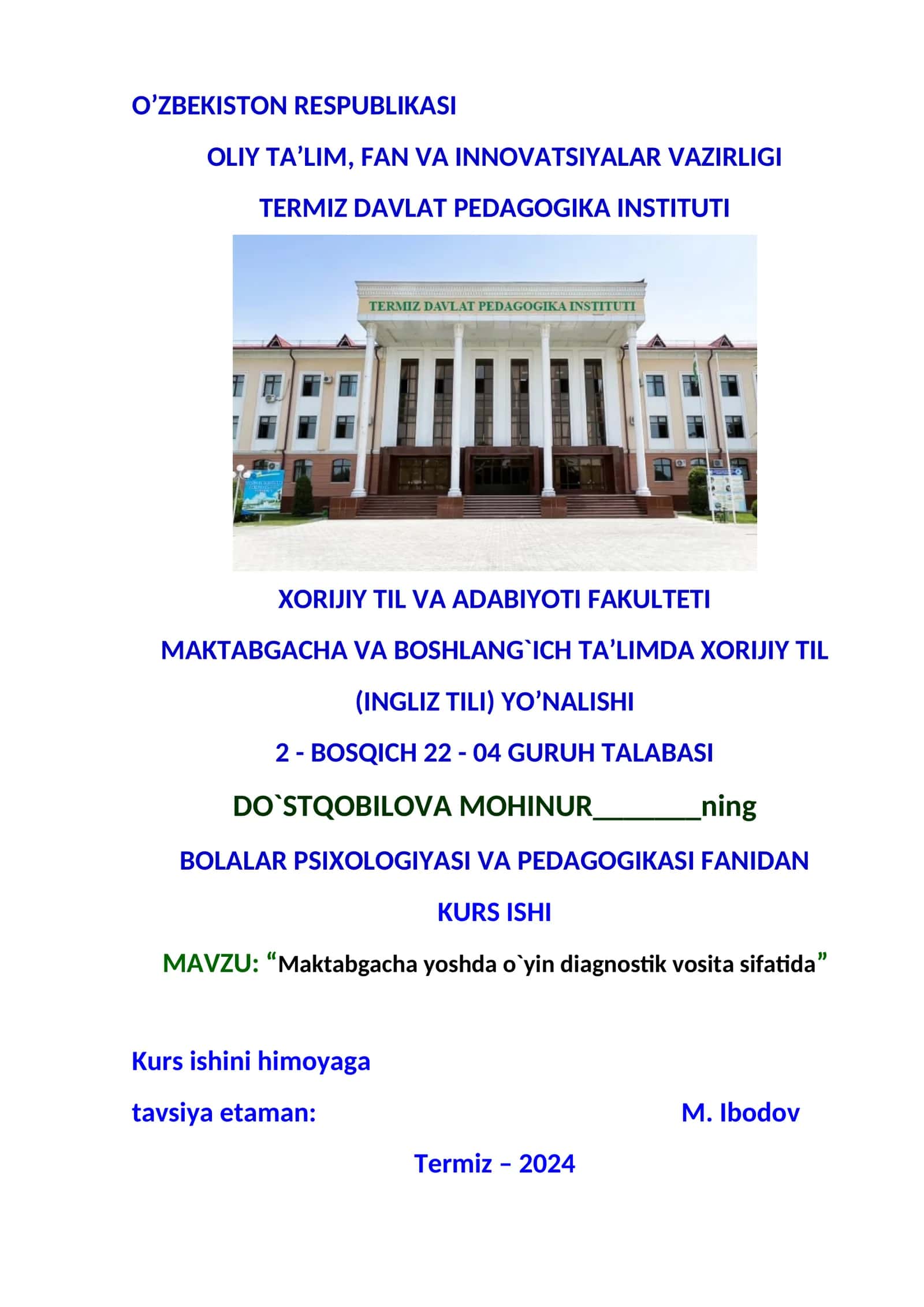"Maktabgacha yoshda o`yin diagnostik vosita sifatida"