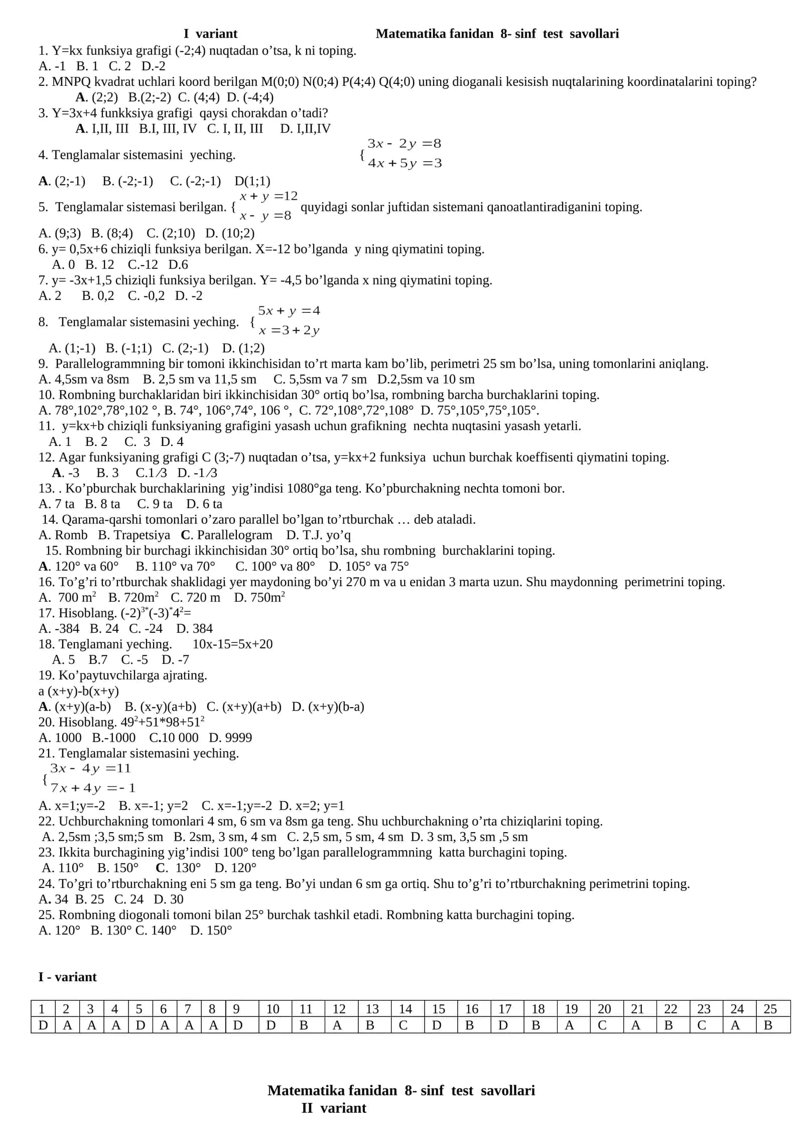 Matematika fanidan 8- sinf test savollari